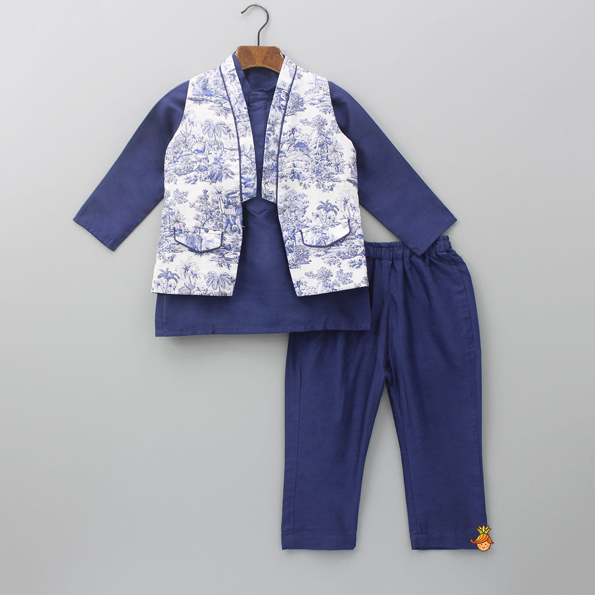 Pre Order: Blue Kurta With Printed Jacket And Pyjama