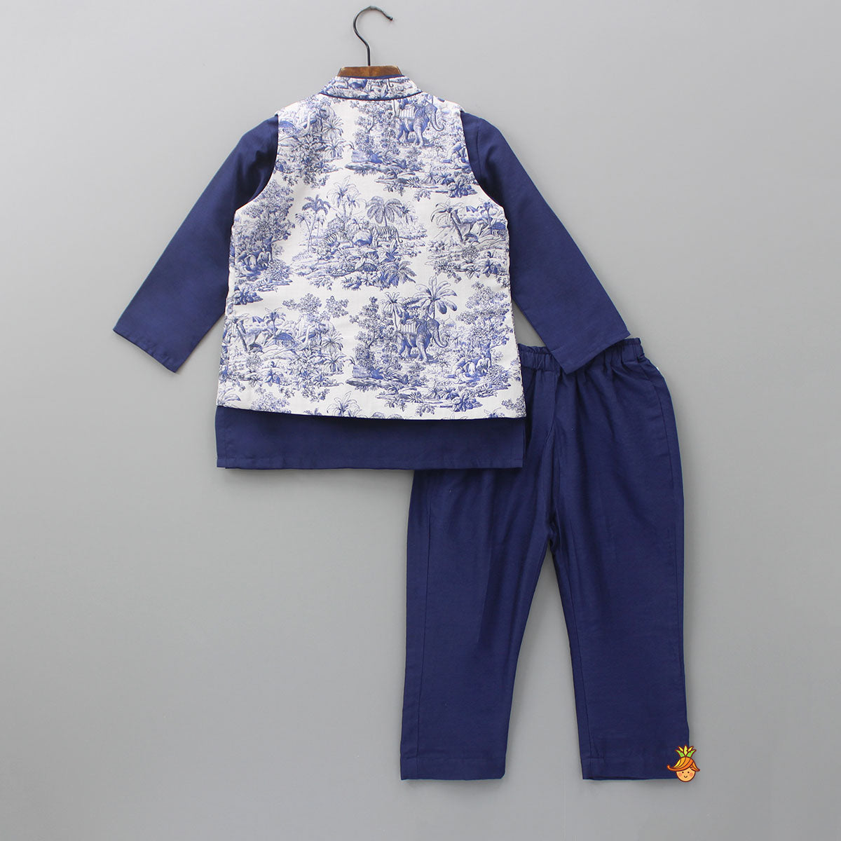 Pre Order: Blue Kurta With Printed Jacket And Pyjama