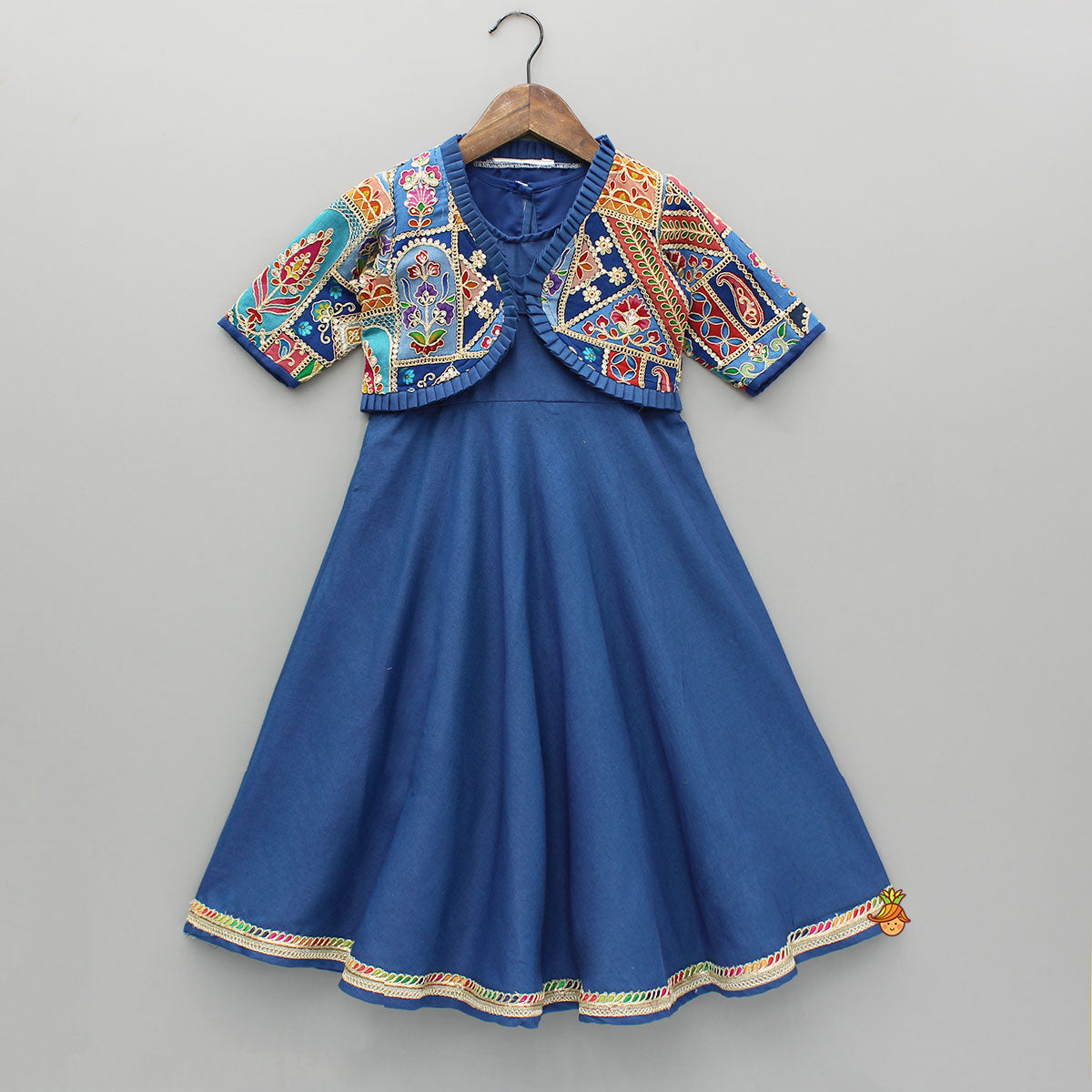 Pre Order: Blue Flared Kurti With Multicoloured Embroidered Jacket