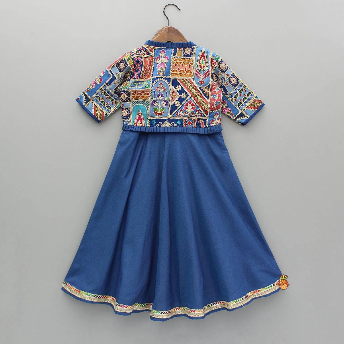 Pre Order: Blue Flared Kurti With Multicoloured Embroidered Jacket