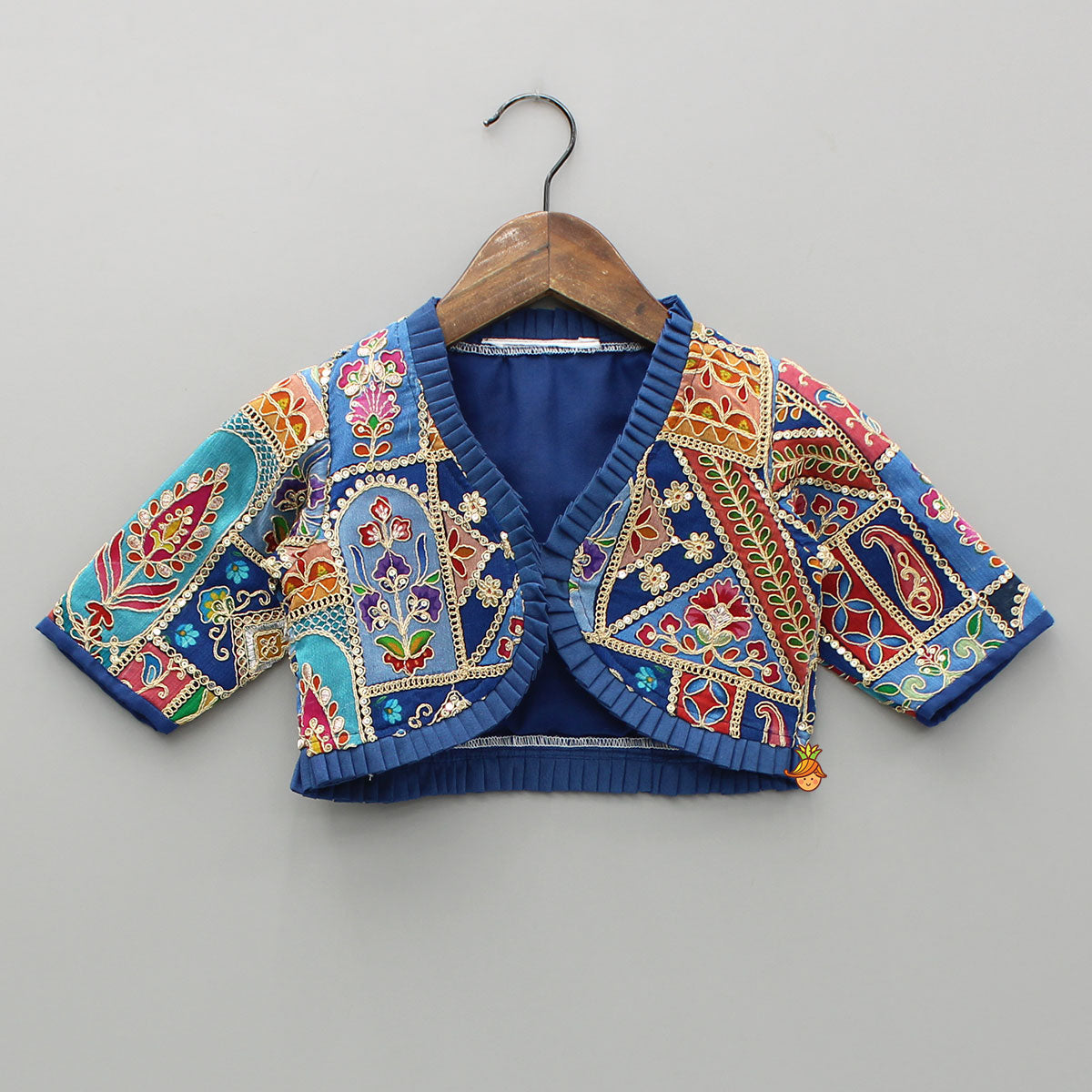 Pre Order: Blue Flared Kurti With Multicoloured Embroidered Jacket