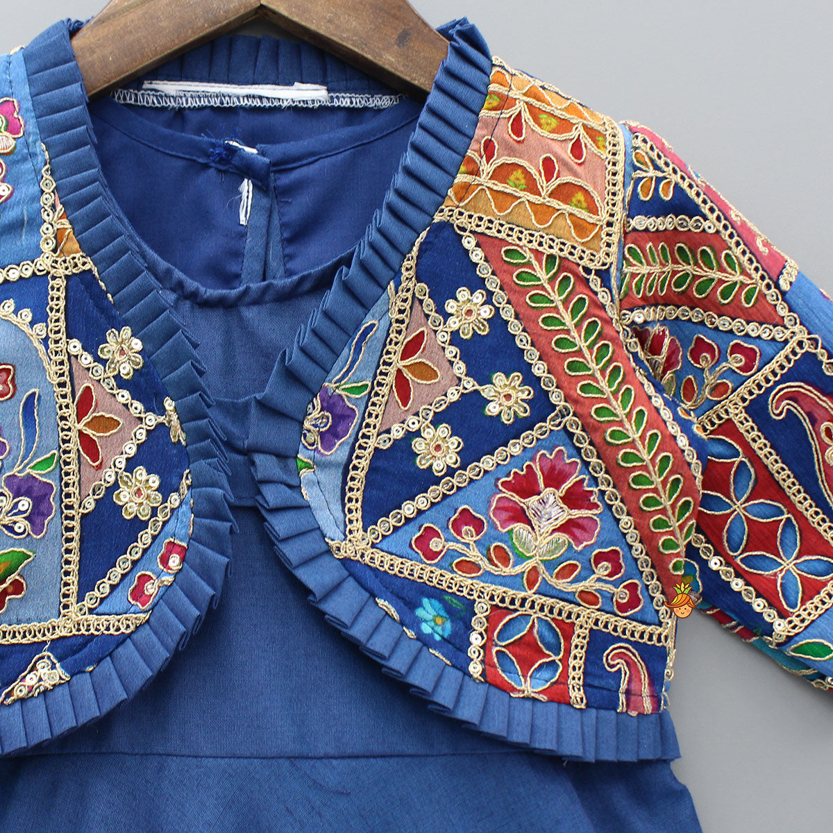 Pre Order: Blue Flared Kurti With Multicoloured Embroidered Jacket