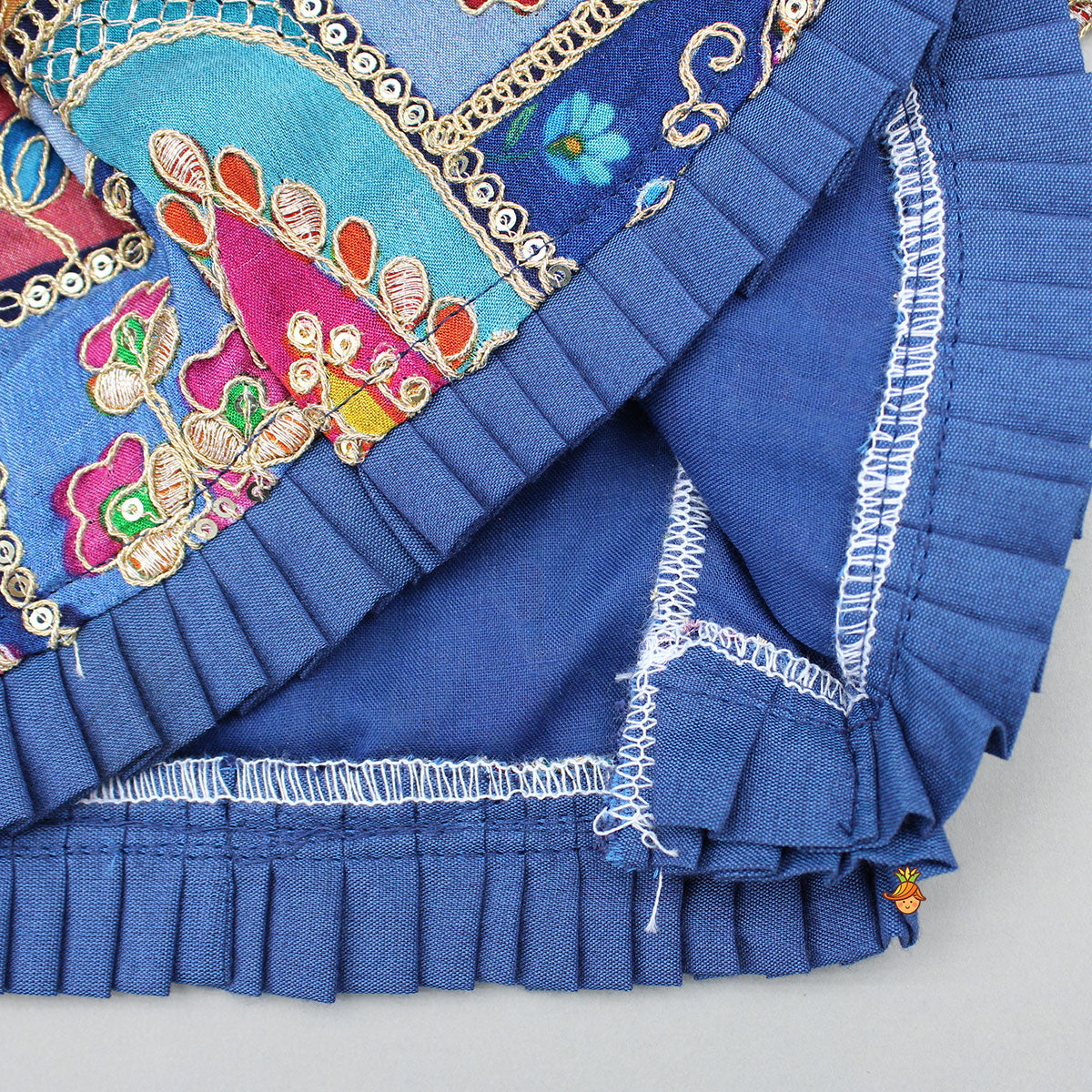 Pre Order: Blue Flared Kurti With Multicoloured Embroidered Jacket