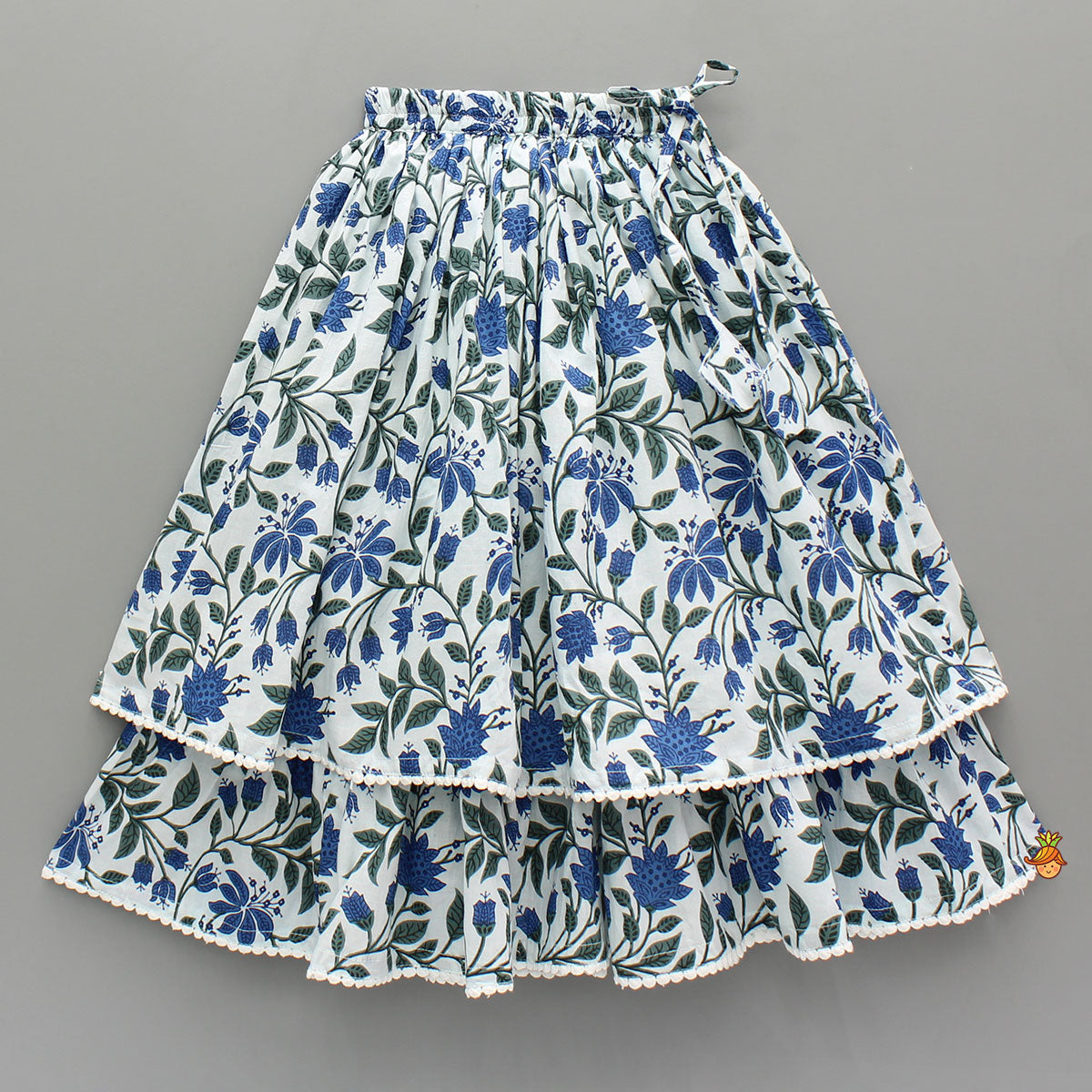 Pre Order: Floral Printed Top And Layered Lehenga