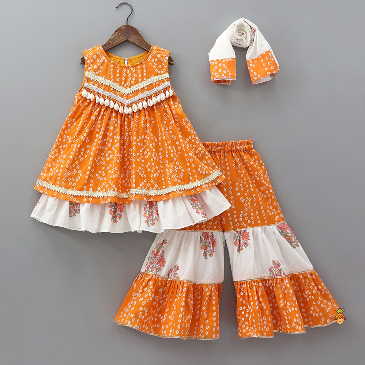 Pre Order: Bandhani Floral Printed Layered Kurti With Tiered Style Sharara And Dupatta