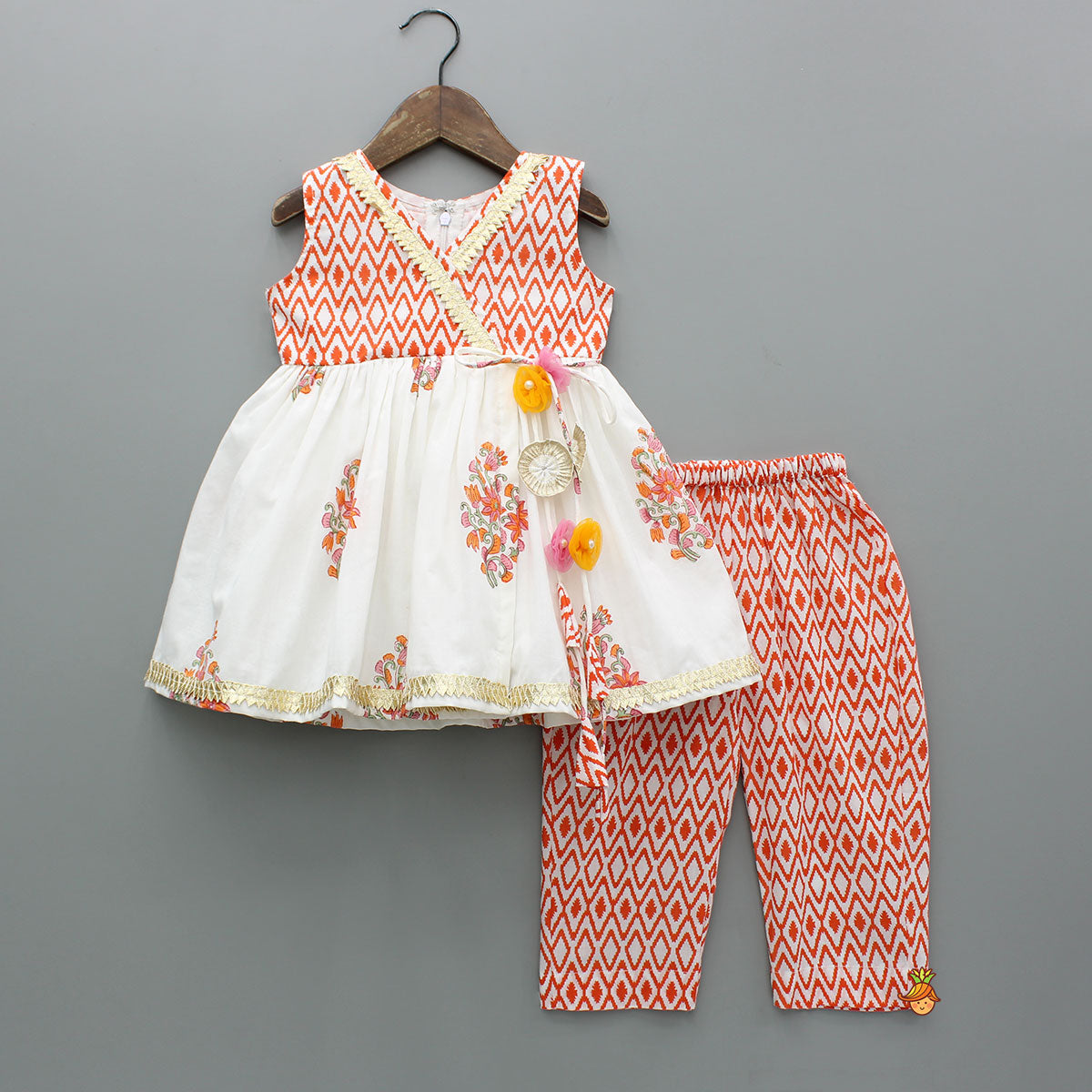 Pre Order: Printed Gota Lace Work Kurti With Pant And Matching Dupatta