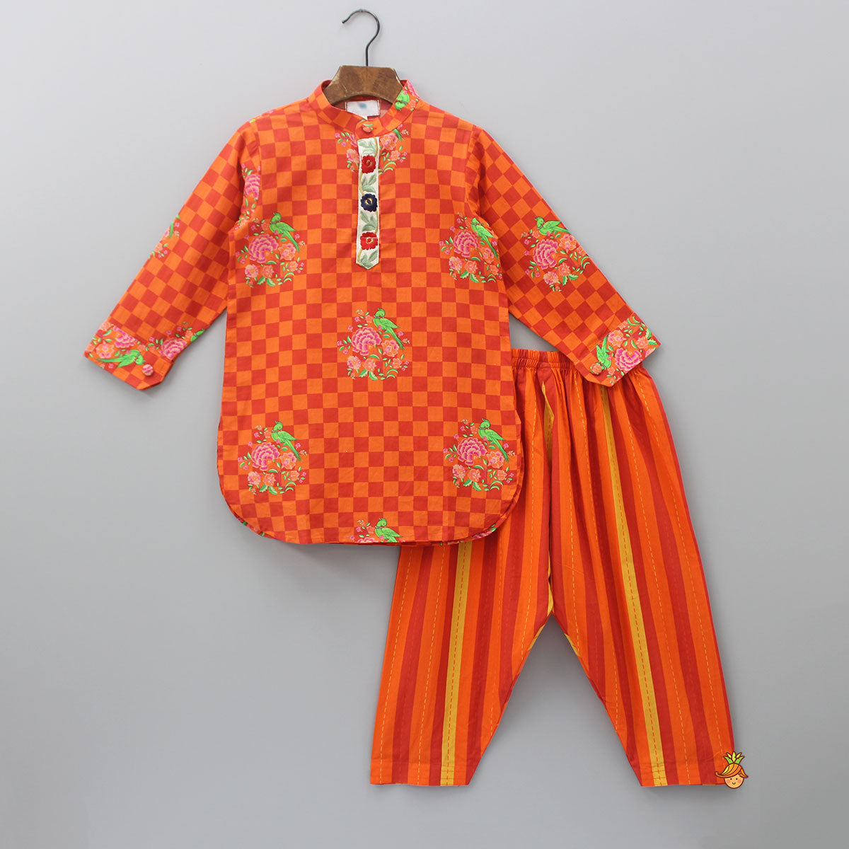 Orange Checks Printed Kurta With Striped Pyjama