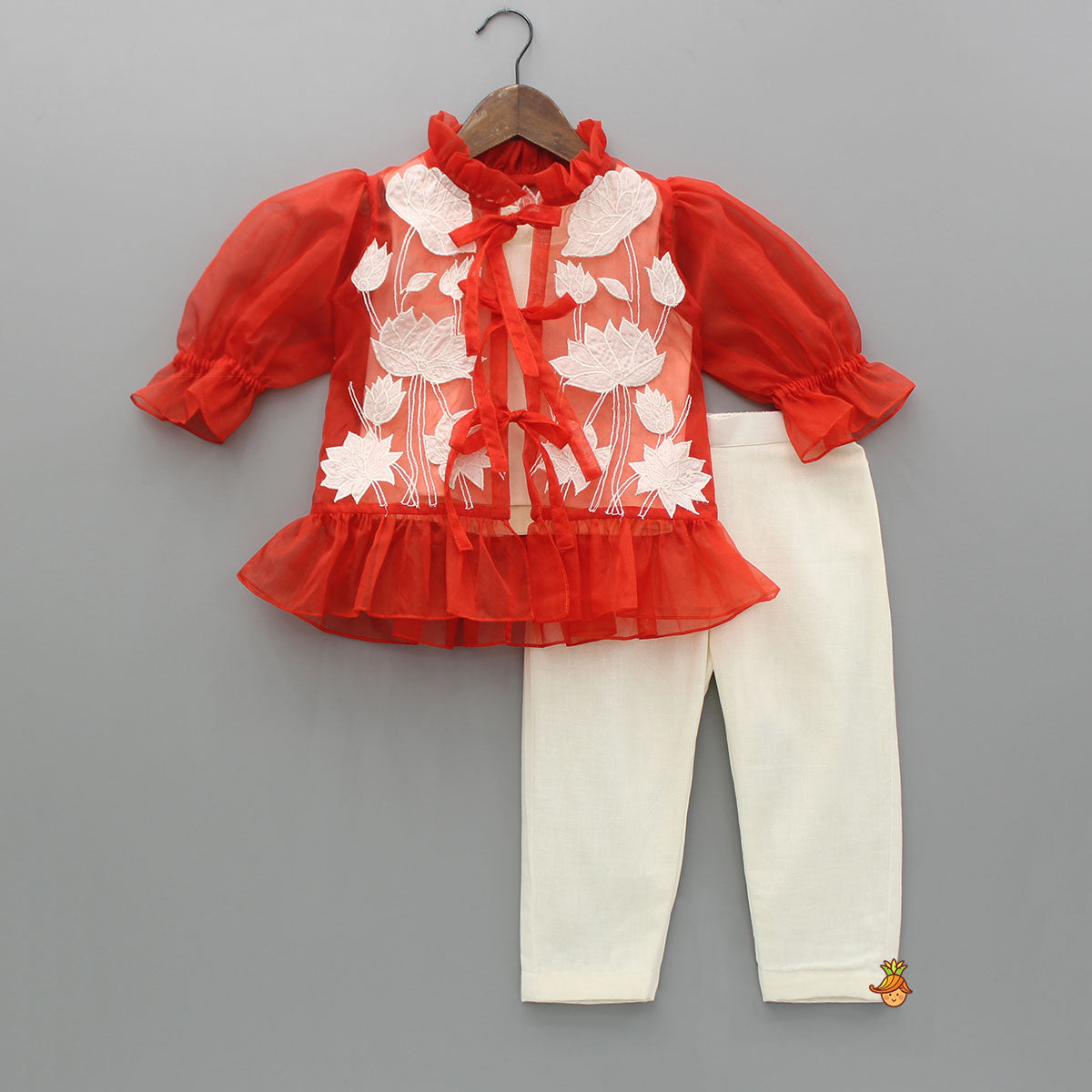 Pre Order: Off White Top With Front Tie Up Knot Applique Embroidered Jacket And Pant