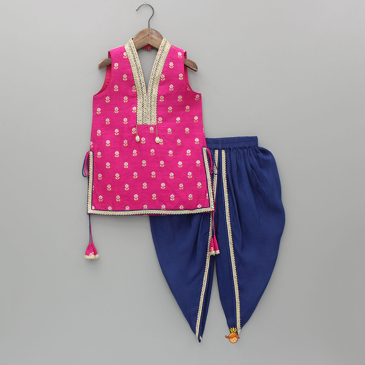 Pre Order: Embroidered Pink Halter Neck Kurti With Tulip Dhoti And Dupatta