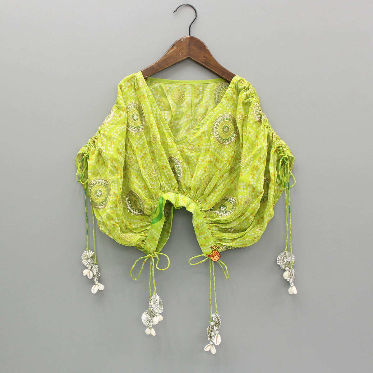 Pre Order: Green Printed Embroidered Stylish Cape With Strappy Crop Top And Palazzo