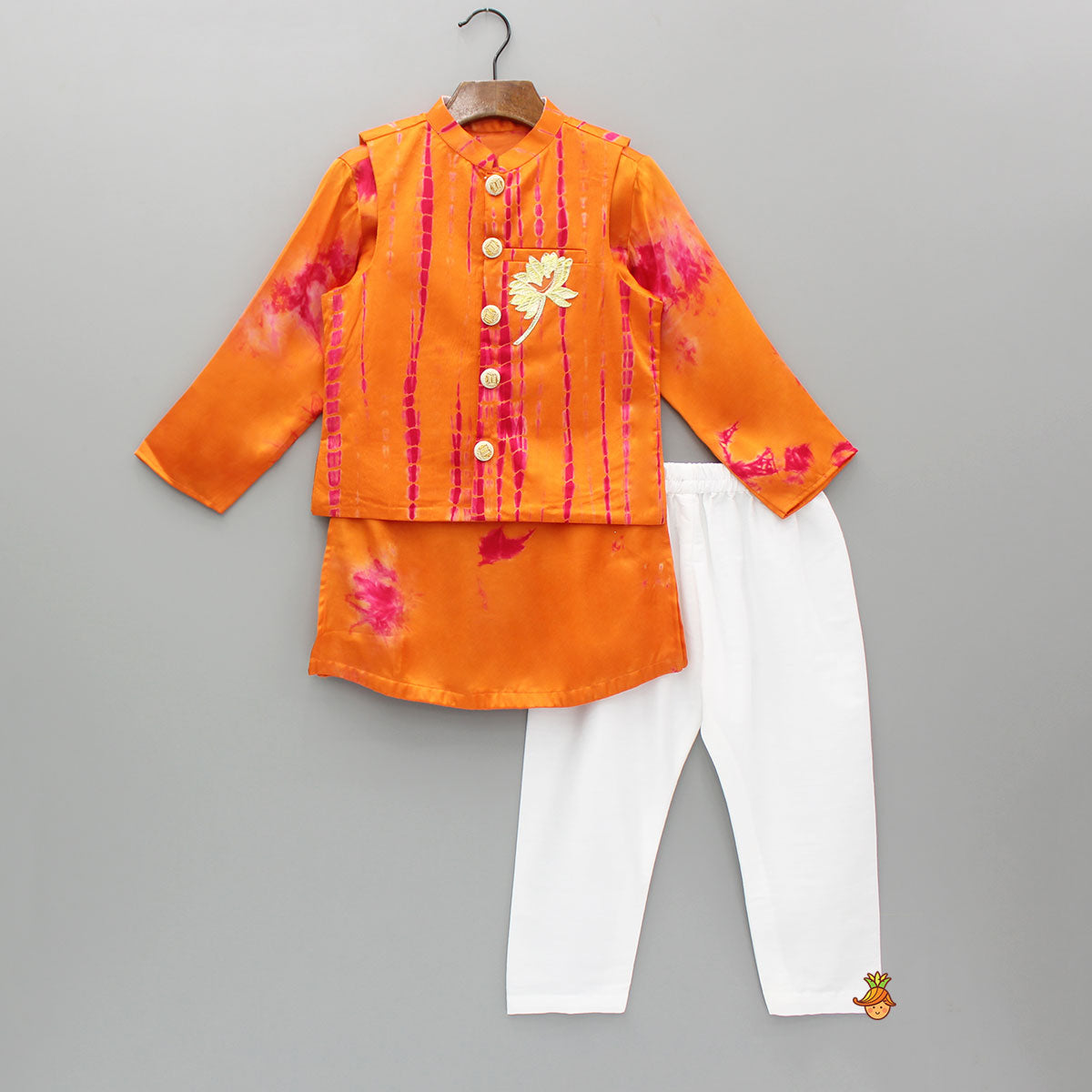 Pre Order: Orange Printed Kurta With Jacket And Pyjama