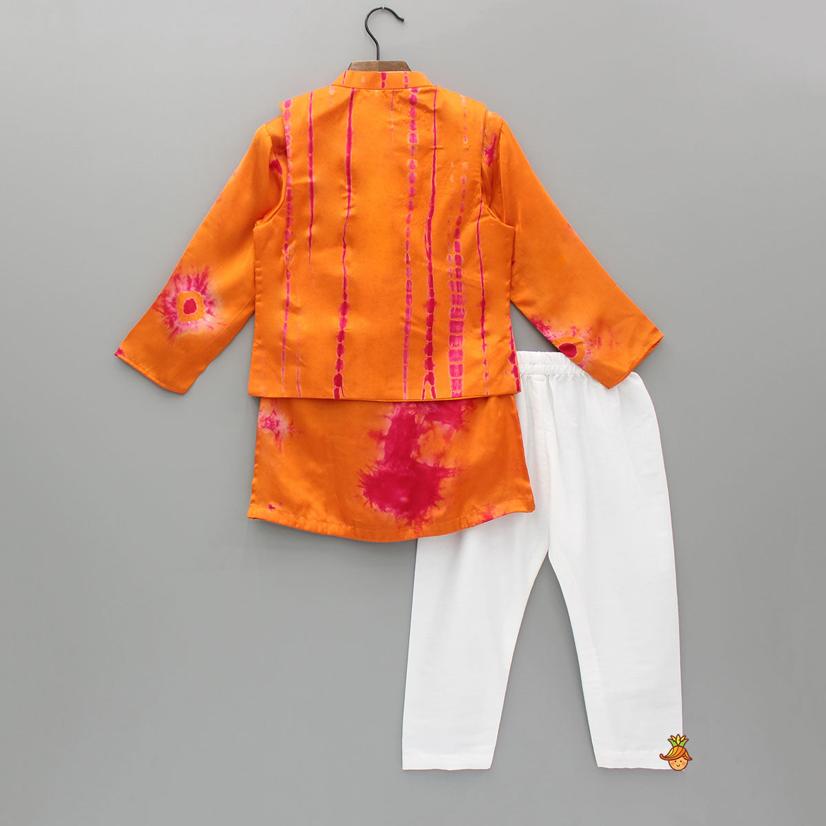 Pre Order: Orange Printed Kurta With Jacket And Pyjama