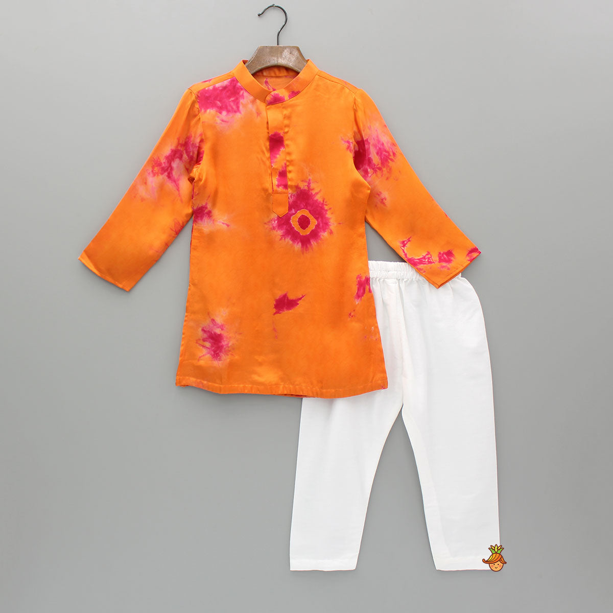 Pre Order: Orange Printed Kurta With Jacket And Pyjama