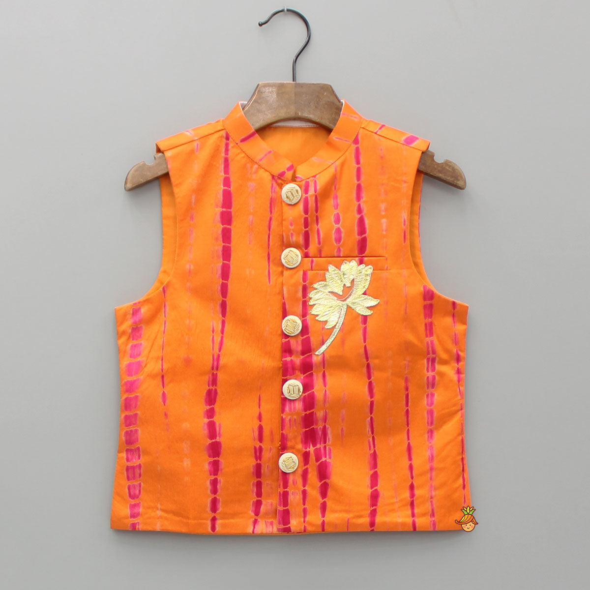 Pre Order: Orange Printed Kurta With Jacket And Pyjama