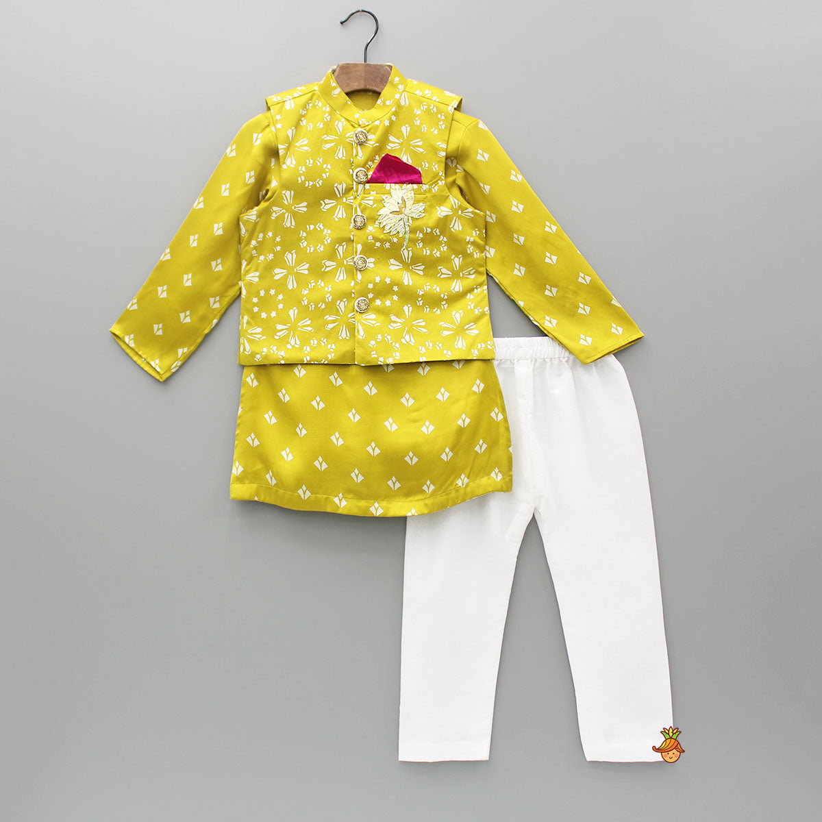 Pre Order: Mustard Printed Kurta With Jacket And Pyjama