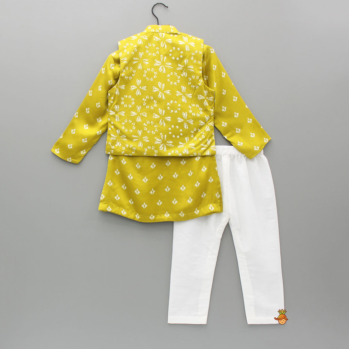 Pre Order: Mustard Printed Kurta With Jacket And Pyjama