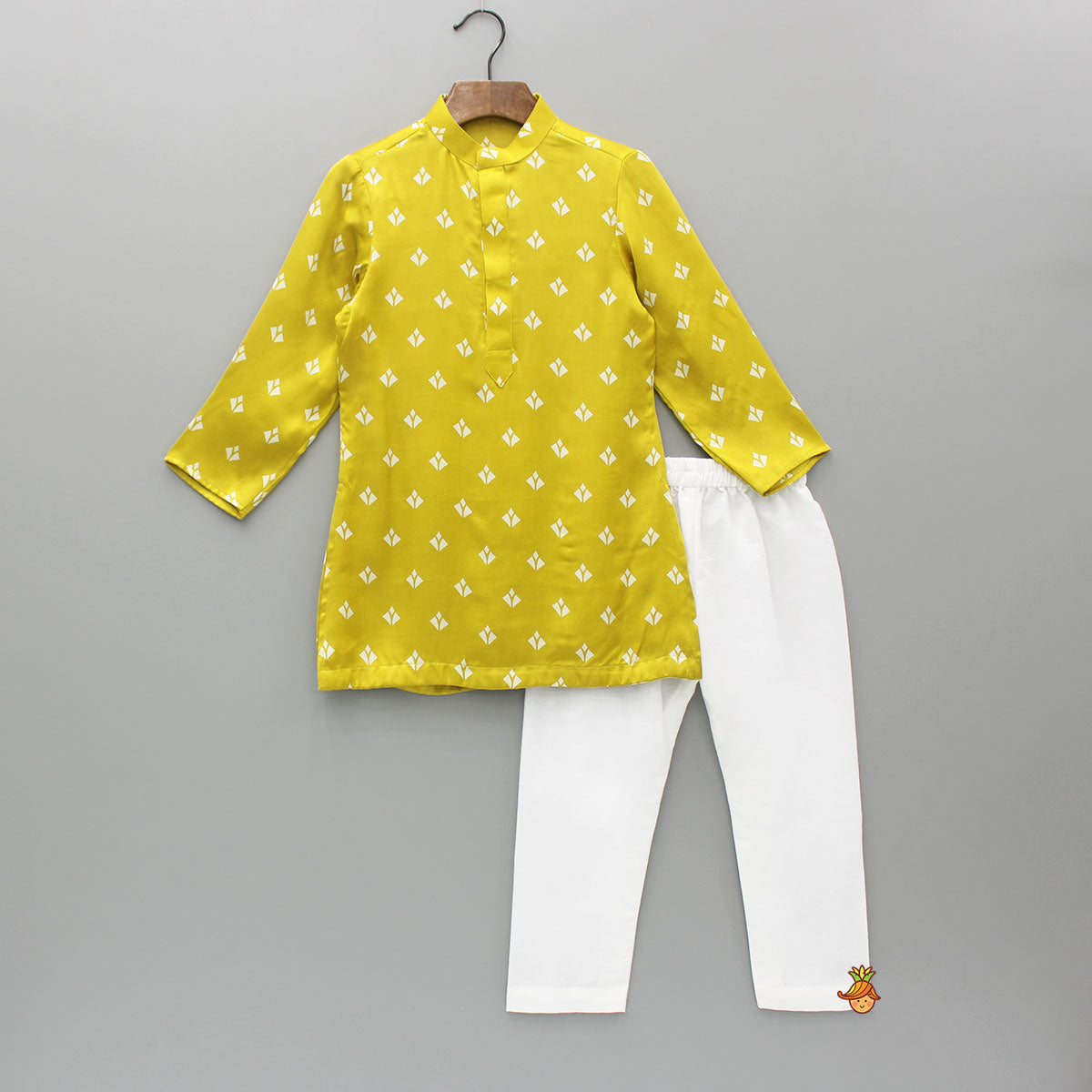 Pre Order: Mustard Printed Kurta With Jacket And Pyjama