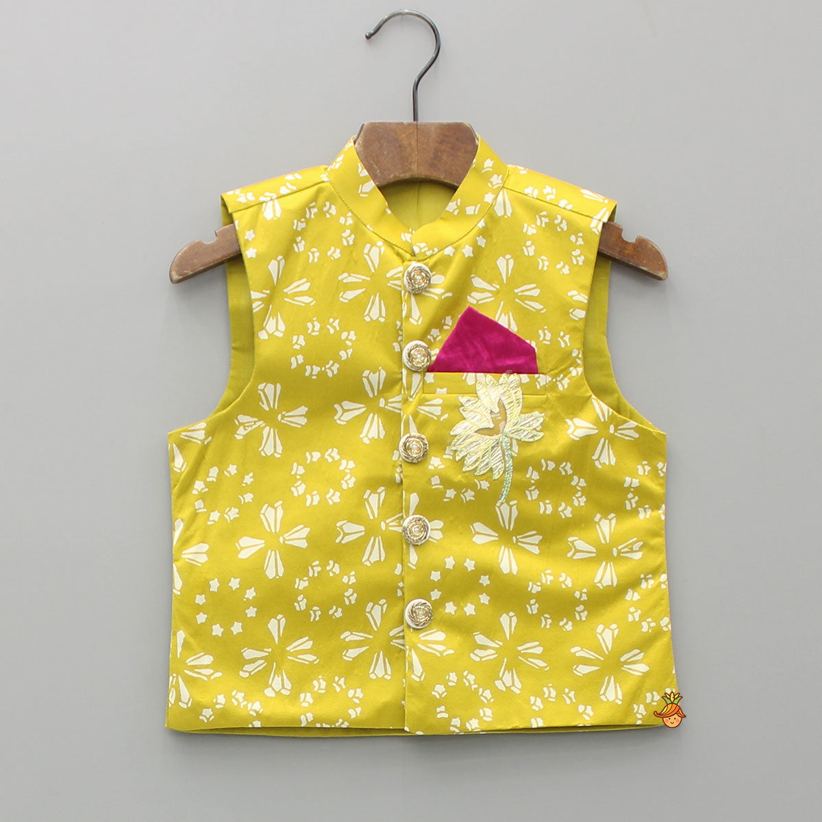 Pre Order: Mustard Printed Kurta With Jacket And Pyjama