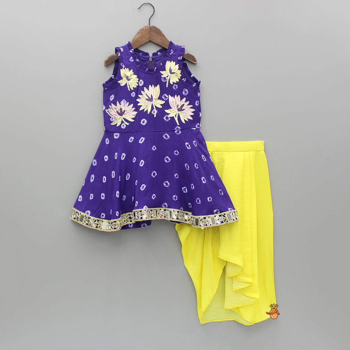 Pre Order: Printed Gota Flower Embroidred Flared Kurti With Dhoti Style Skirt