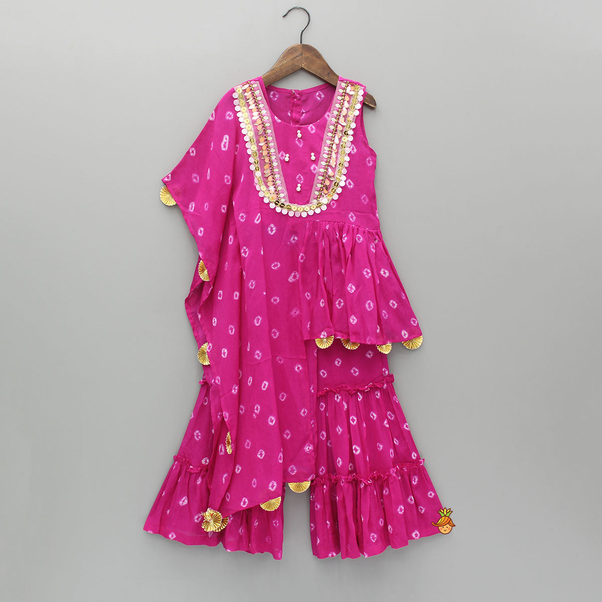 Pre Order: Embellished Printed One Side Drape Kurti With Crop Top And Sharara