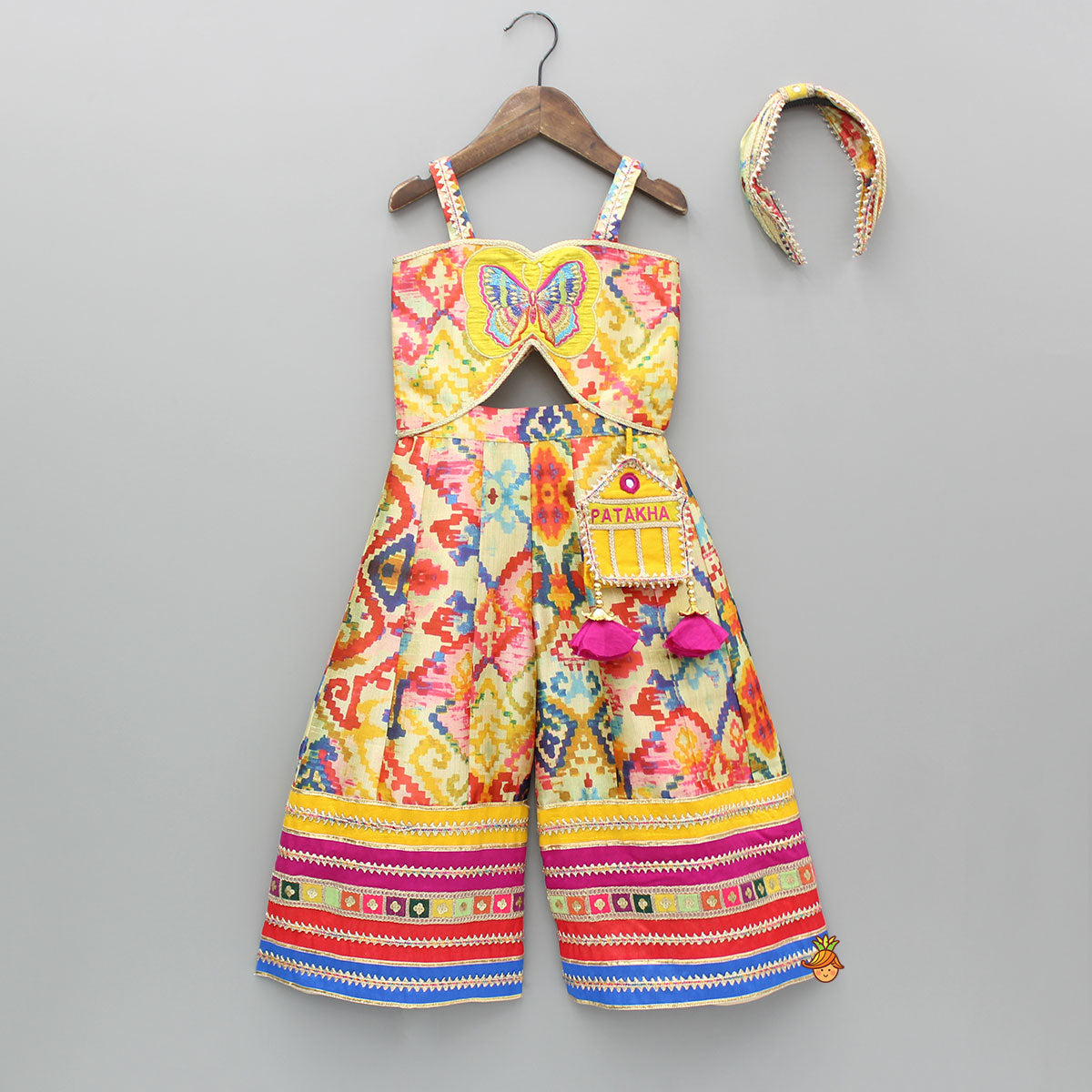 Pre Order: Printed Embroidered Multicoloured Strappy Jumpsuit With Hairband