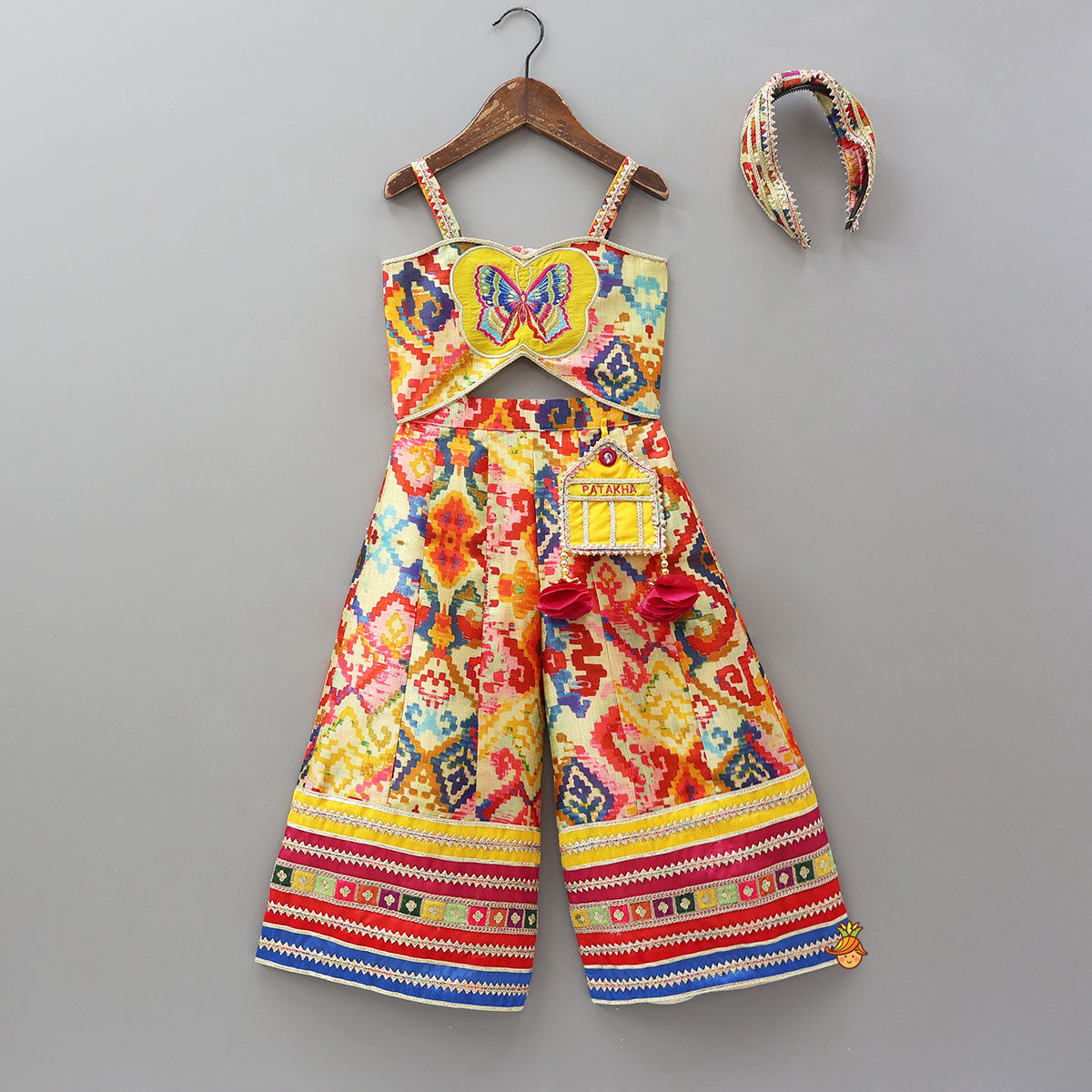 Pre Order: Printed And Embroidered Strappy Jumpsuit With Hairband