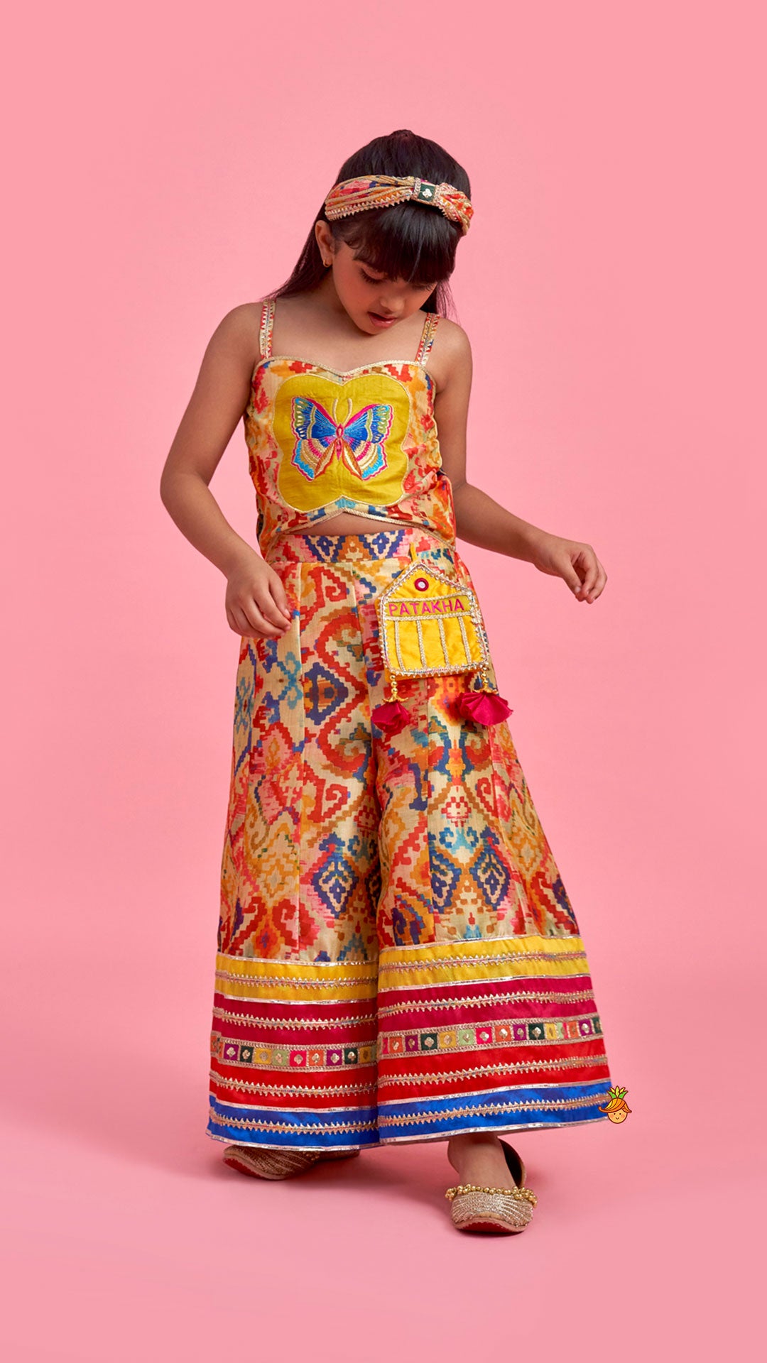 Pre Order: Printed Embroidered Multicoloured Strappy Jumpsuit With Hairband