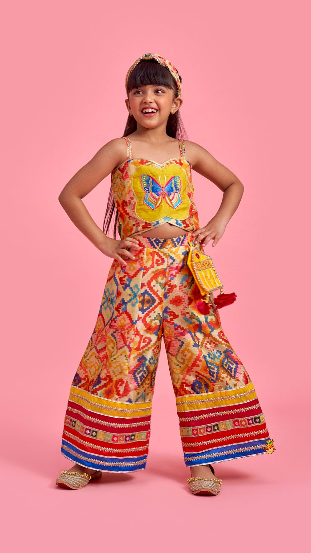 Pre Order: Printed Embroidered Multicoloured Strappy Jumpsuit With Hairband