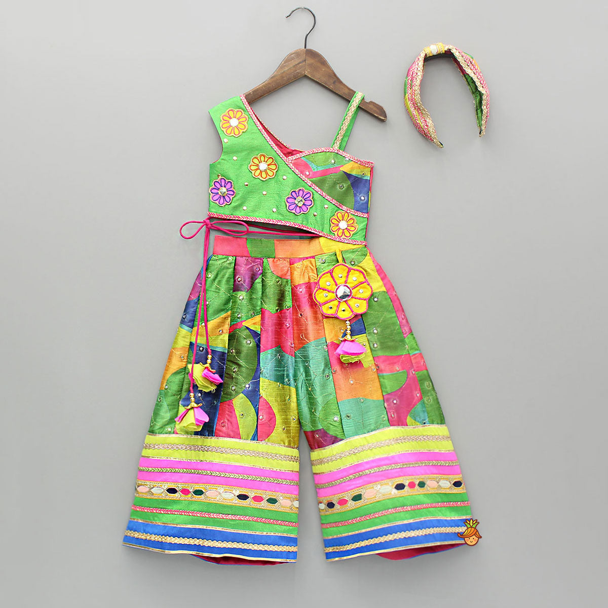 Pre Order: One Shoulder Printed Embroidered Multicoloured Jumpsuit With Hairband