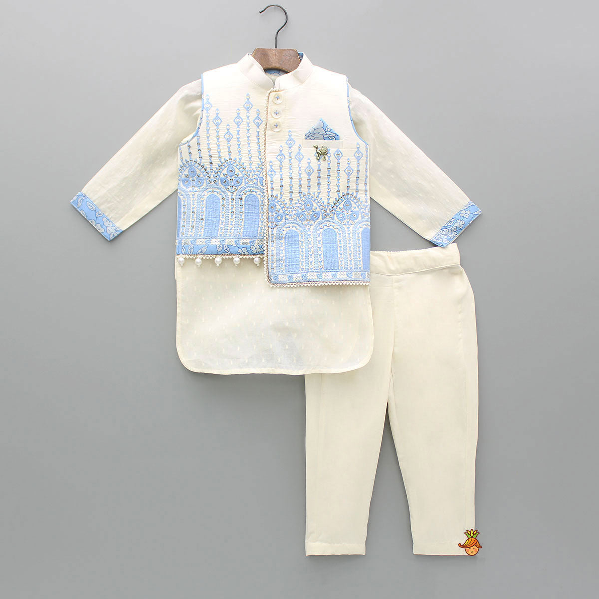 Pre Order: Off White Kurta With Embroidered Stylish Jacket And Pyjama