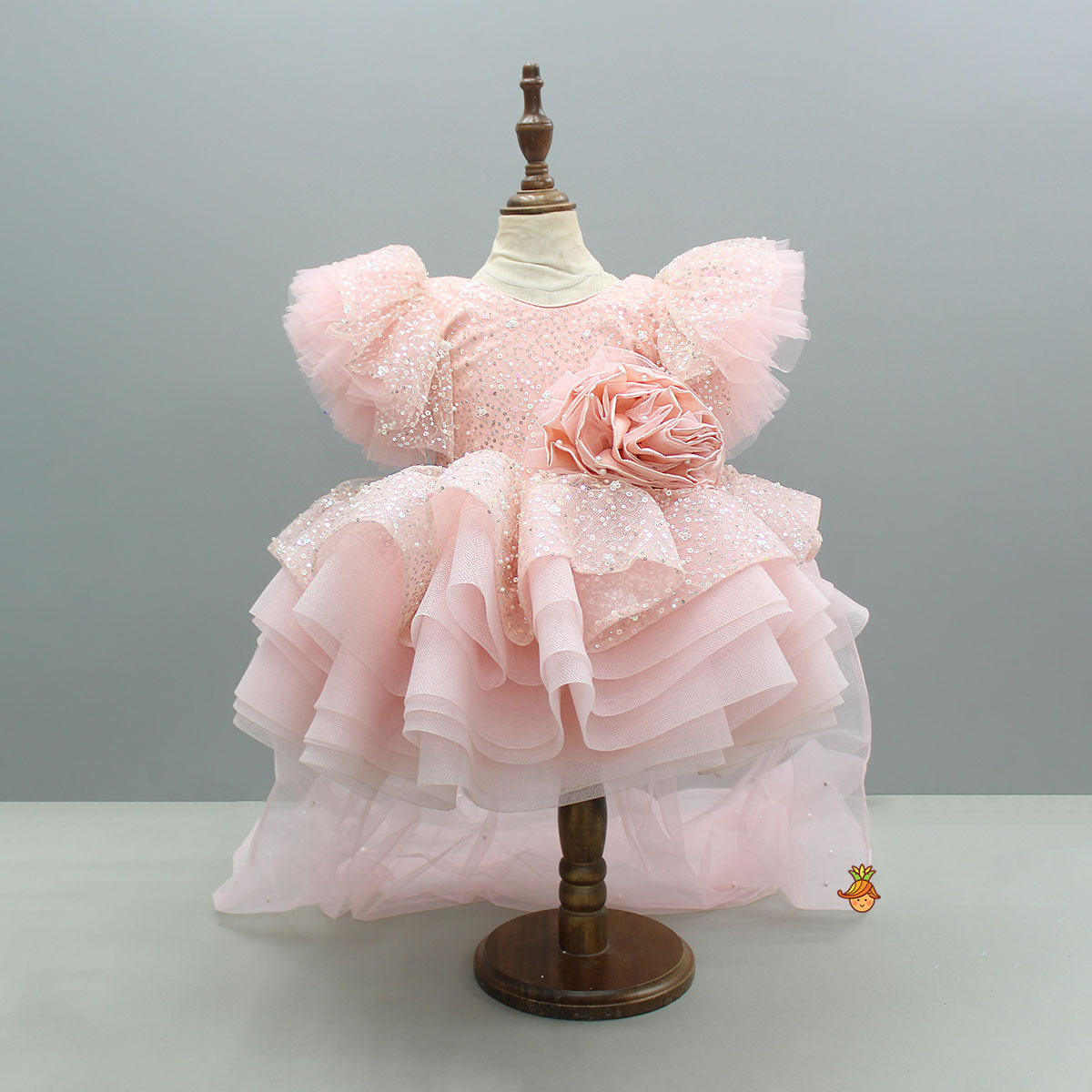 Pre Order: Peach Sequin Embellished Dress Featuring A Detachable Trail And Bow With Swirled Bow Headband