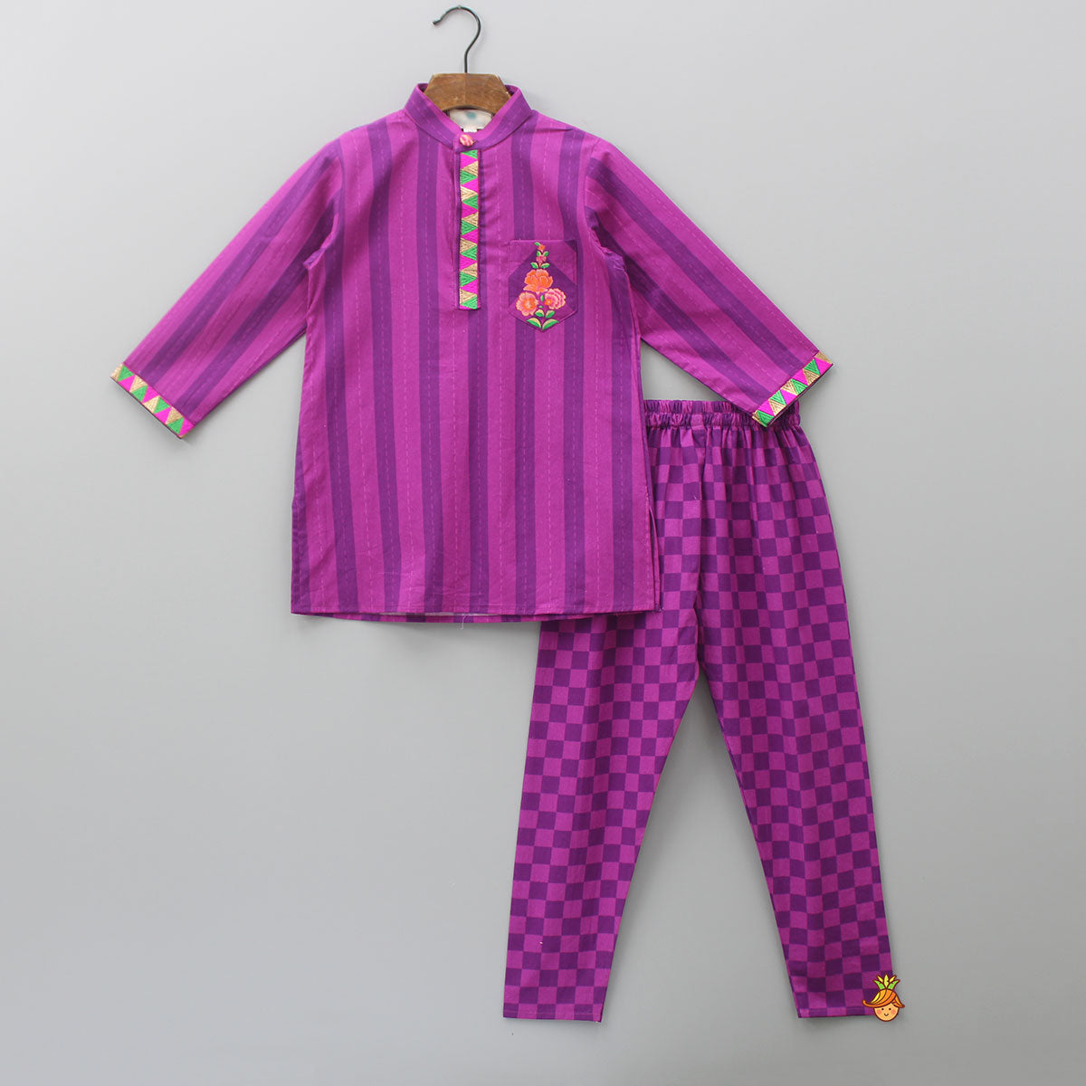 Purple Stripe Kurta And Checks Printed Churidar