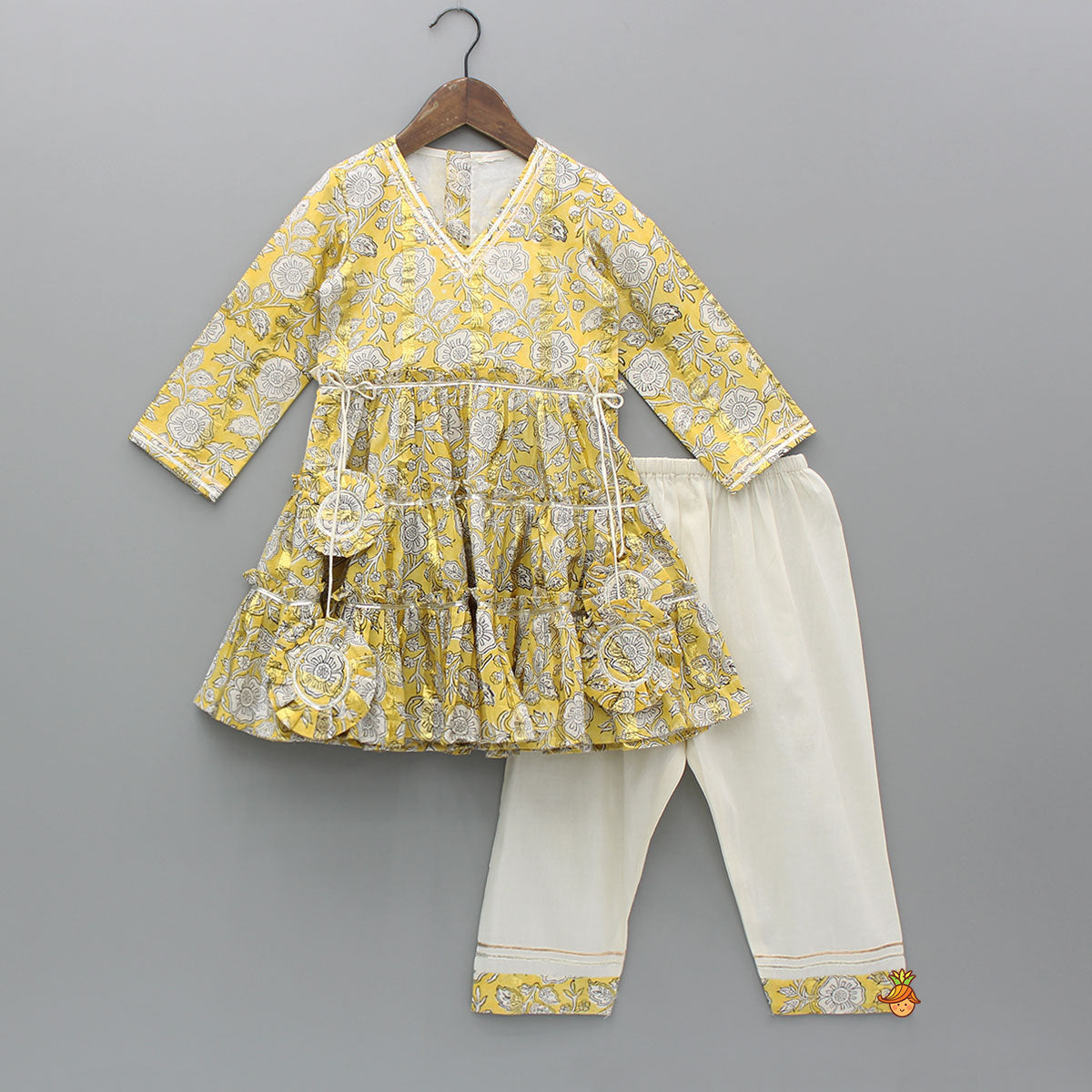 Pre Order: Printed Yellow Tiered Kurti And Pant