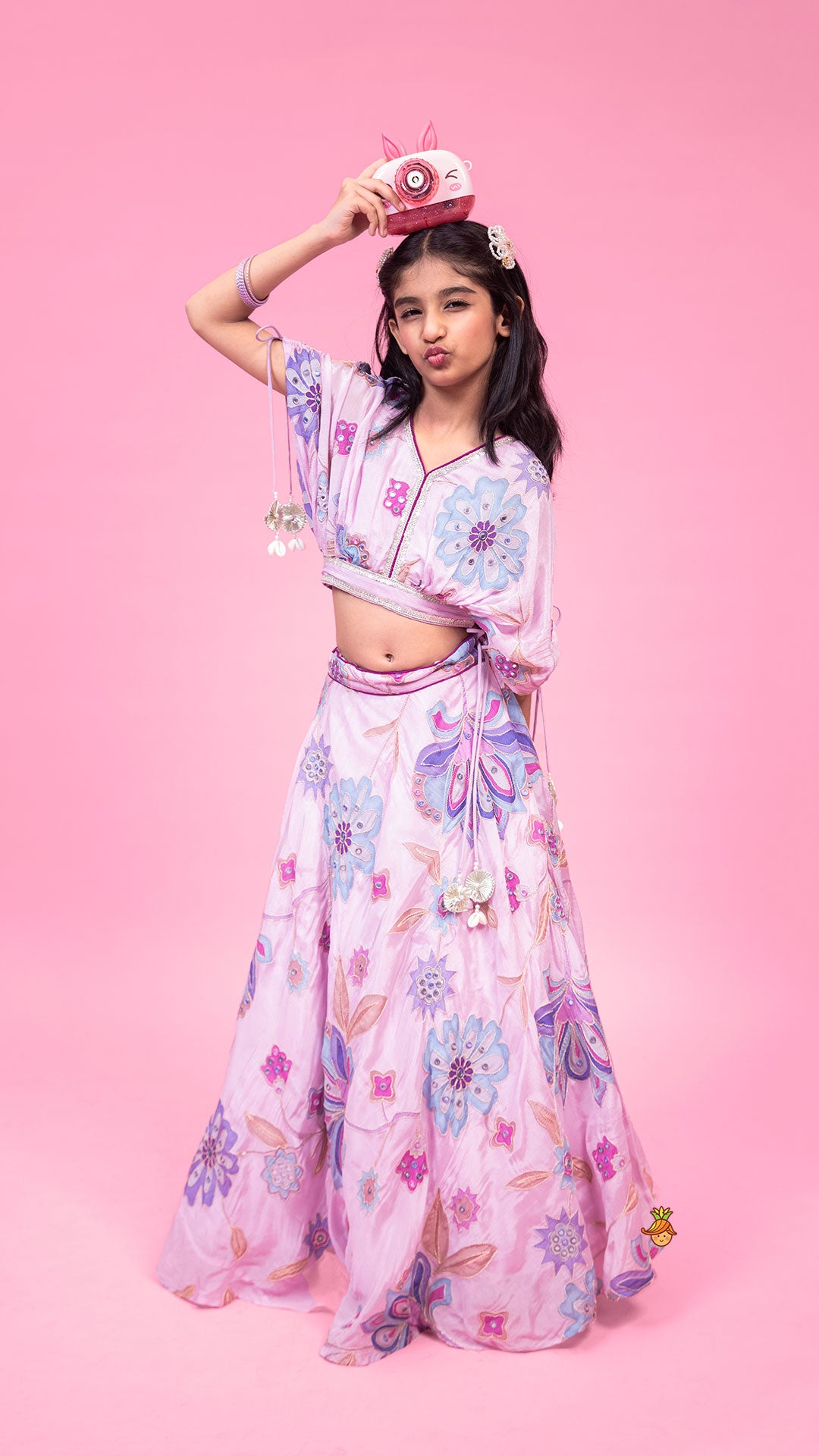 Pre Order: Lavender Floral Printed Embroidered Top With Flared Lehenga And Dupatta