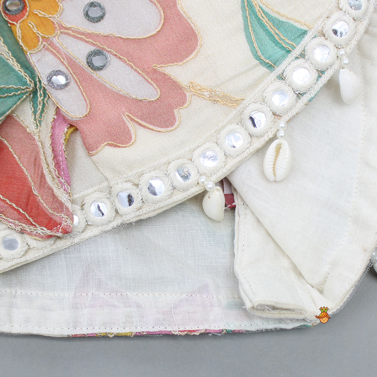 Pre Order: Multicolour Floral Printed And Embroidered Ivory Top With Matching Lehenga And Dupatta