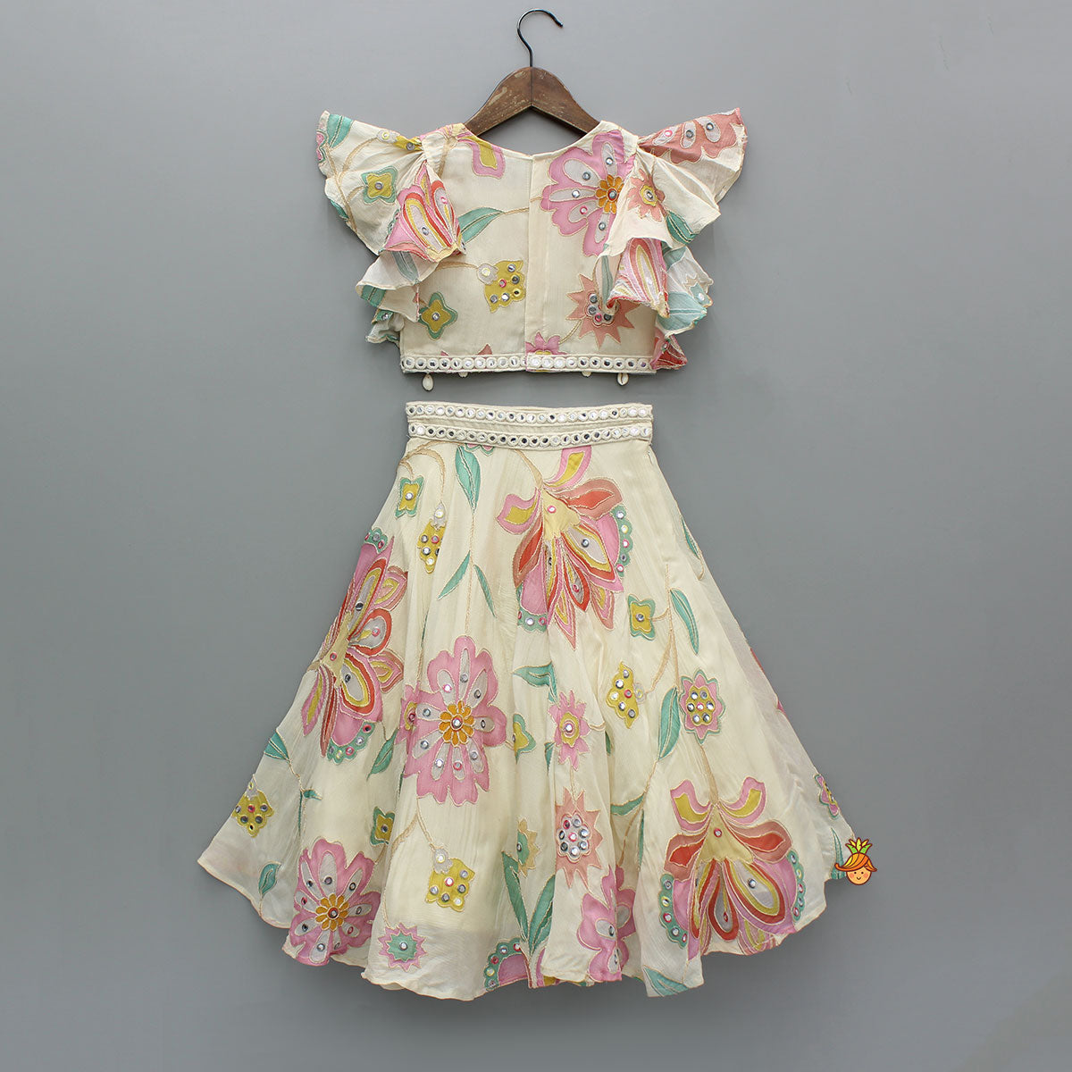 Pre Order: Multicolour Floral Printed And Embroidered Ivory Top With Matching Lehenga And Dupatta