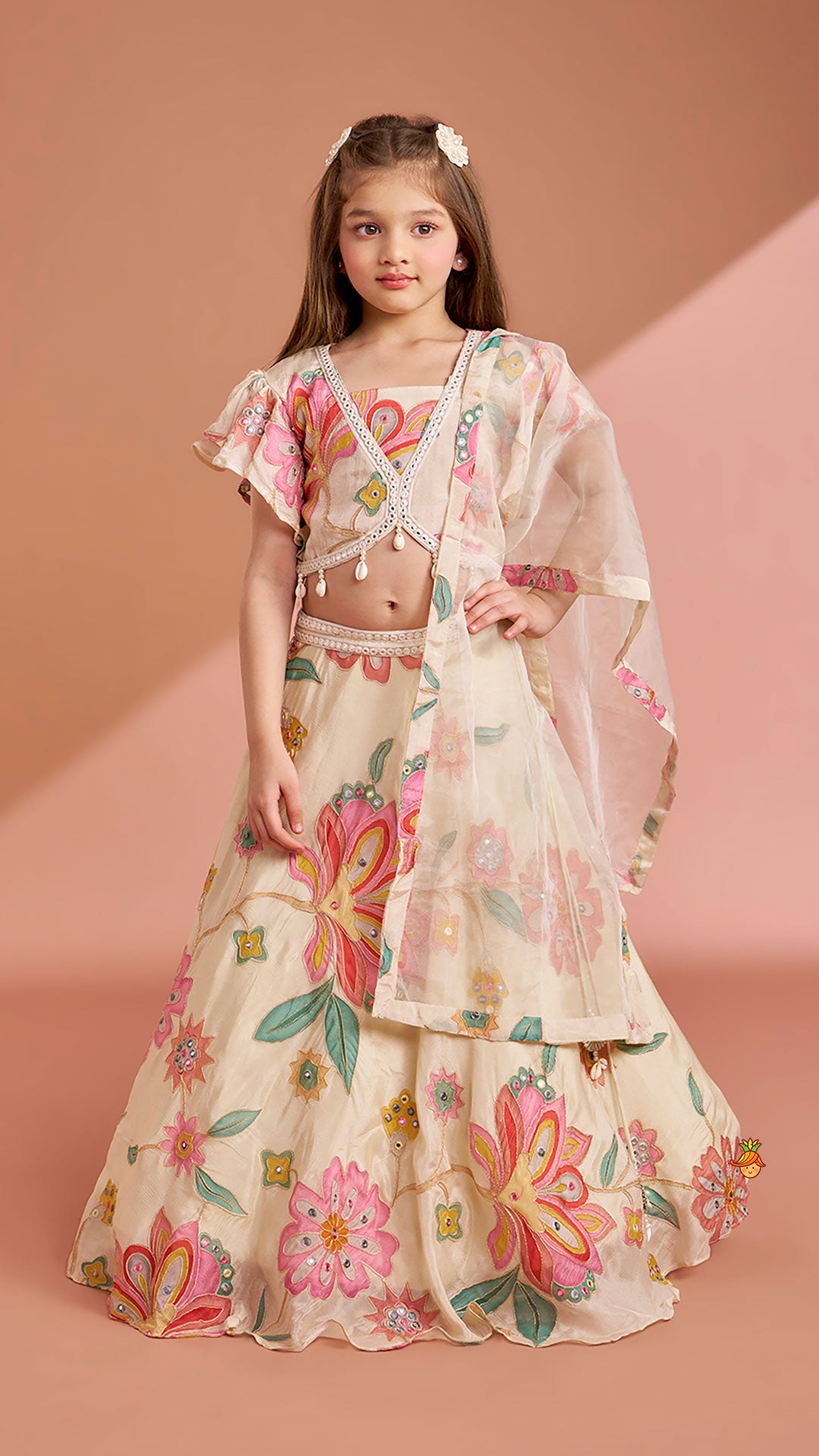 Pre Order: Multicolour Floral Printed And Embroidered Ivory Top With Matching Lehenga And Dupatta