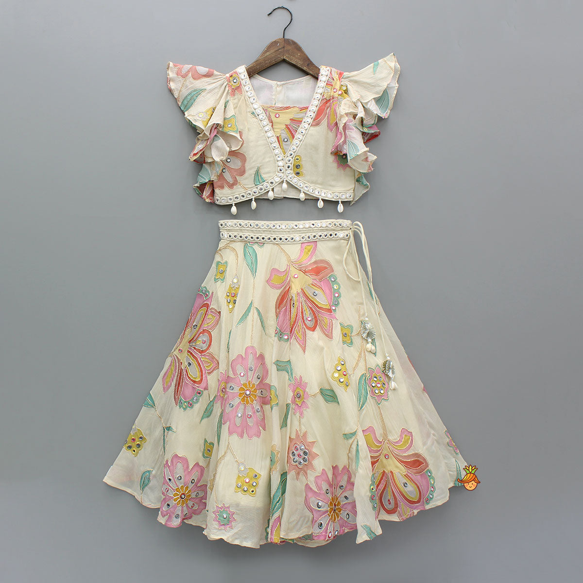 Pre Order: Multicolour Floral Printed And Embroidered Ivory Top With Matching Lehenga And Dupatta