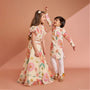 Multicolour Floral Printed And Embroidered Ivory Top With Matching Lehenga And Dupatta twinning model image 3