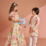 Multicolour Floral Printed And Embroidered Ivory Top With Matching Lehenga And Dupatta twinning model image 4