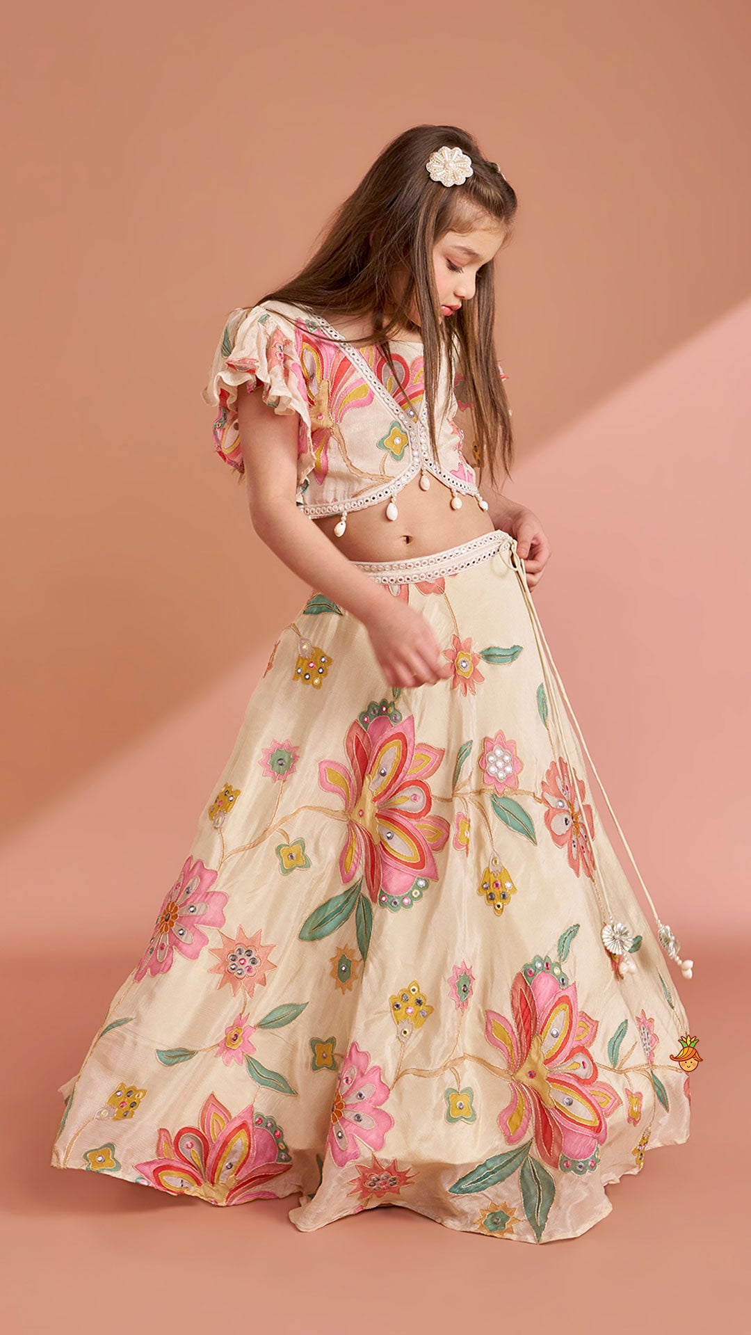 Pre Order: Multicolour Floral Printed And Embroidered Ivory Top With Matching Lehenga And Dupatta