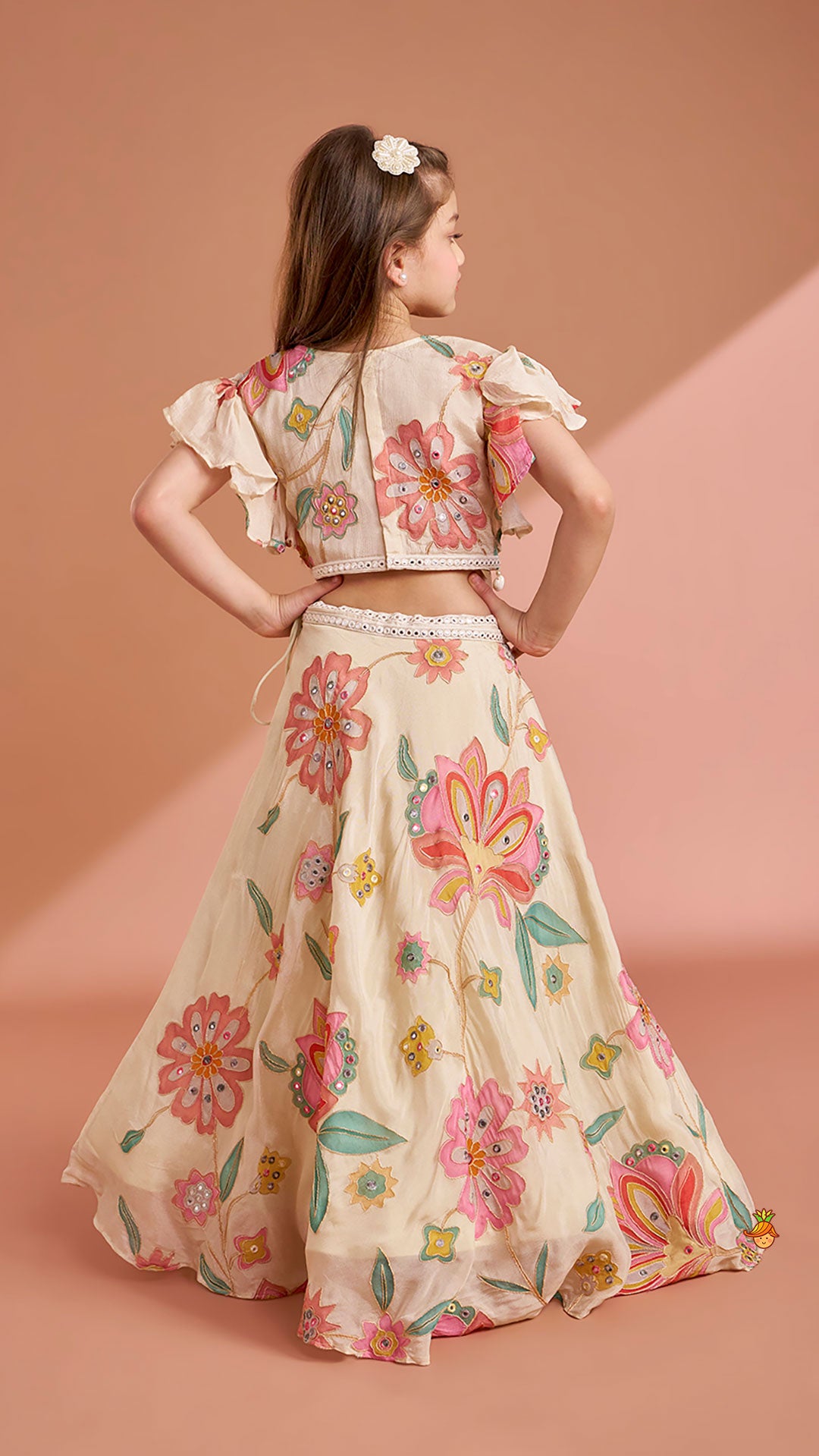 Pre Order: Multicolour Floral Printed And Embroidered Ivory Top With Matching Lehenga And Dupatta