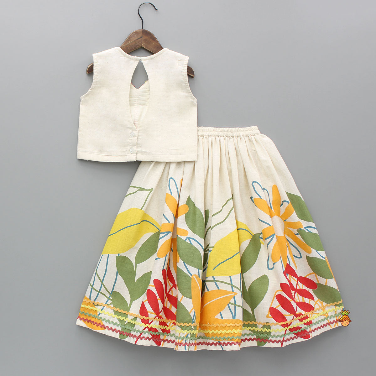 Pre Order: Multicolour Lace Detailed Top And Printed Lehenga
