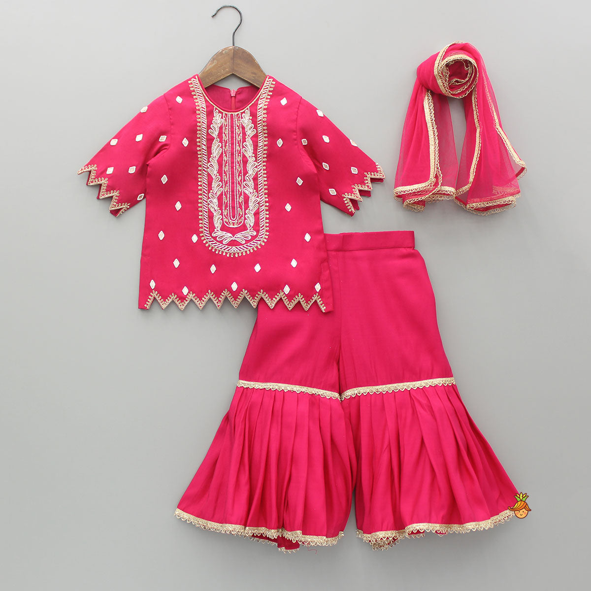 Pre Order: Embroidered Pink Kurti With Sharara And Dupatta