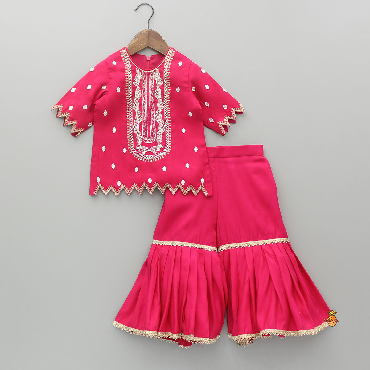 Pre Order: Embroidered Pink Kurti With Sharara And Dupatta