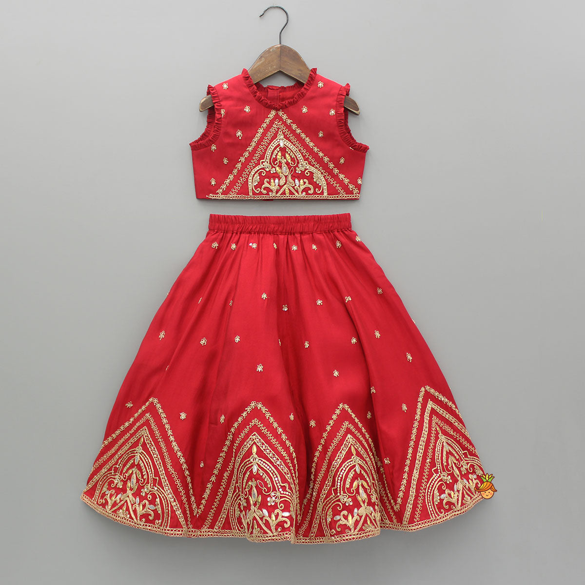 Pre Order: Embroidered Red Top With Lehenga