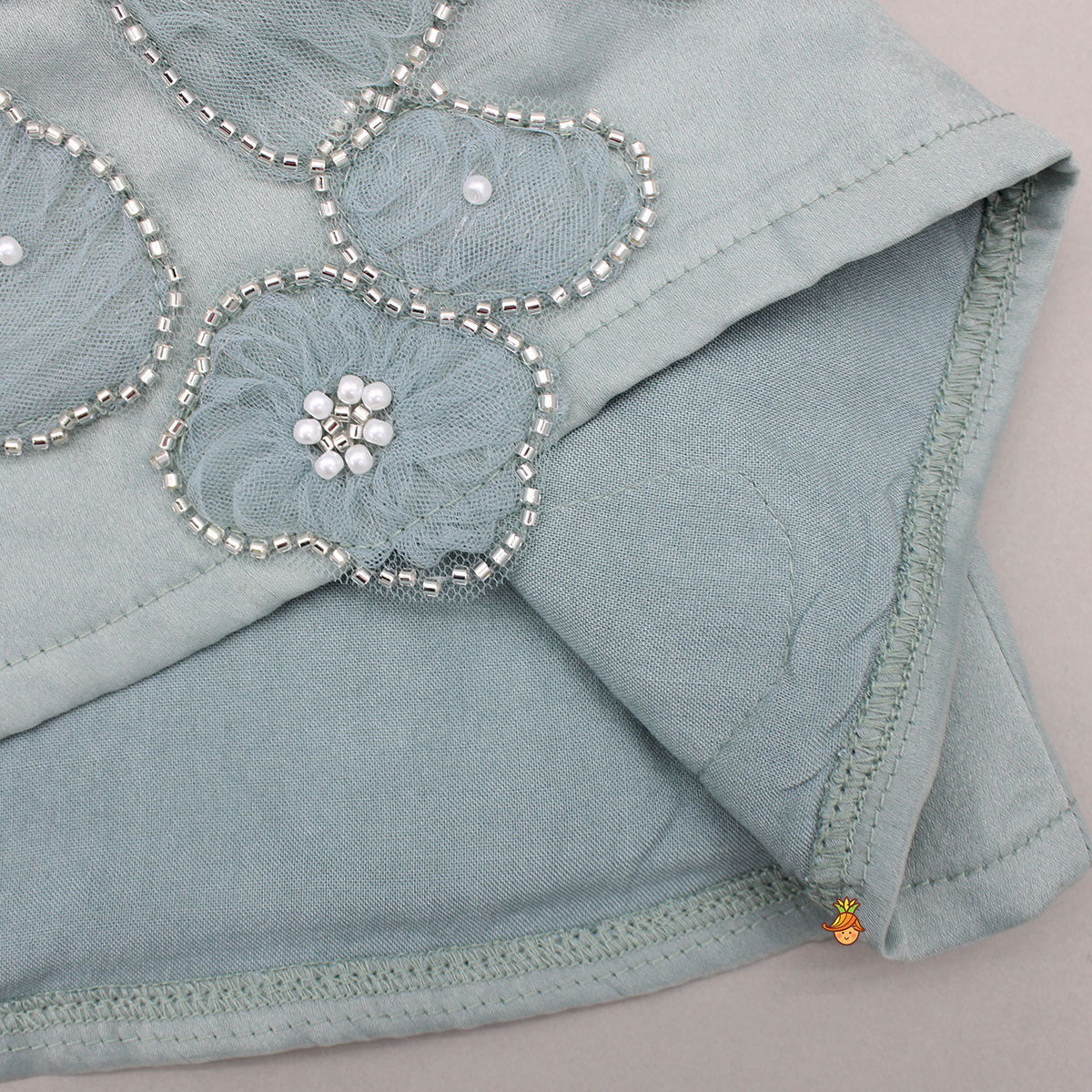Pre Order: Artificial Flowers Embellished Teal Shimmer Dress