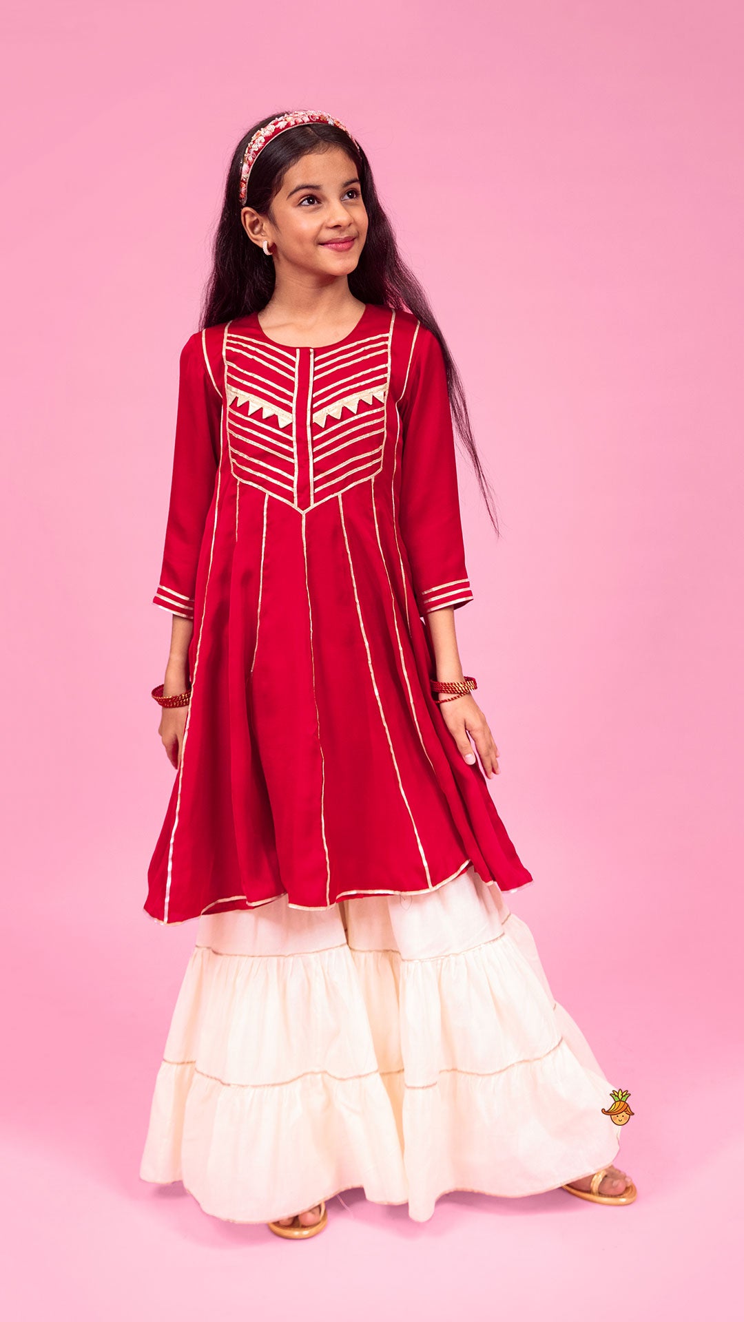 Pre Order: Maroon Gota Lace Work Kurti With Tiered Sharara