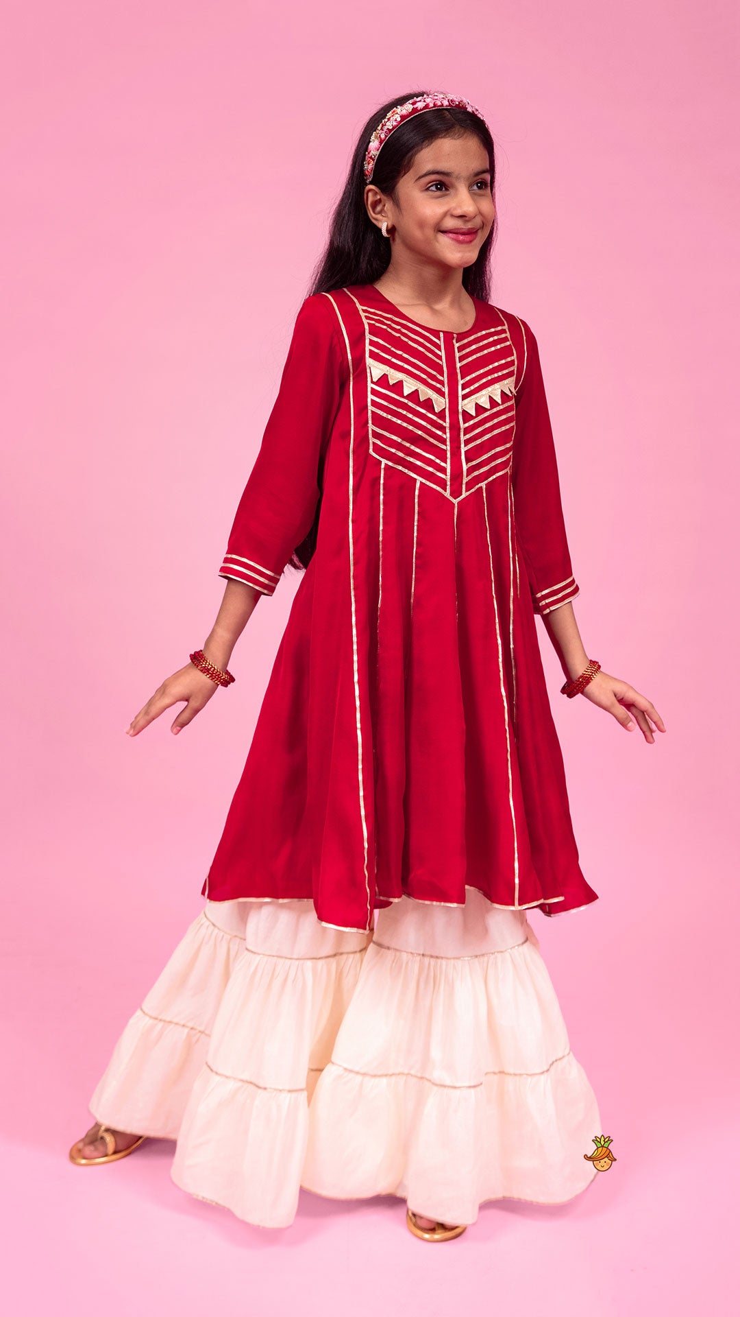 Pre Order: Maroon Gota Lace Work Kurti With Tiered Sharara