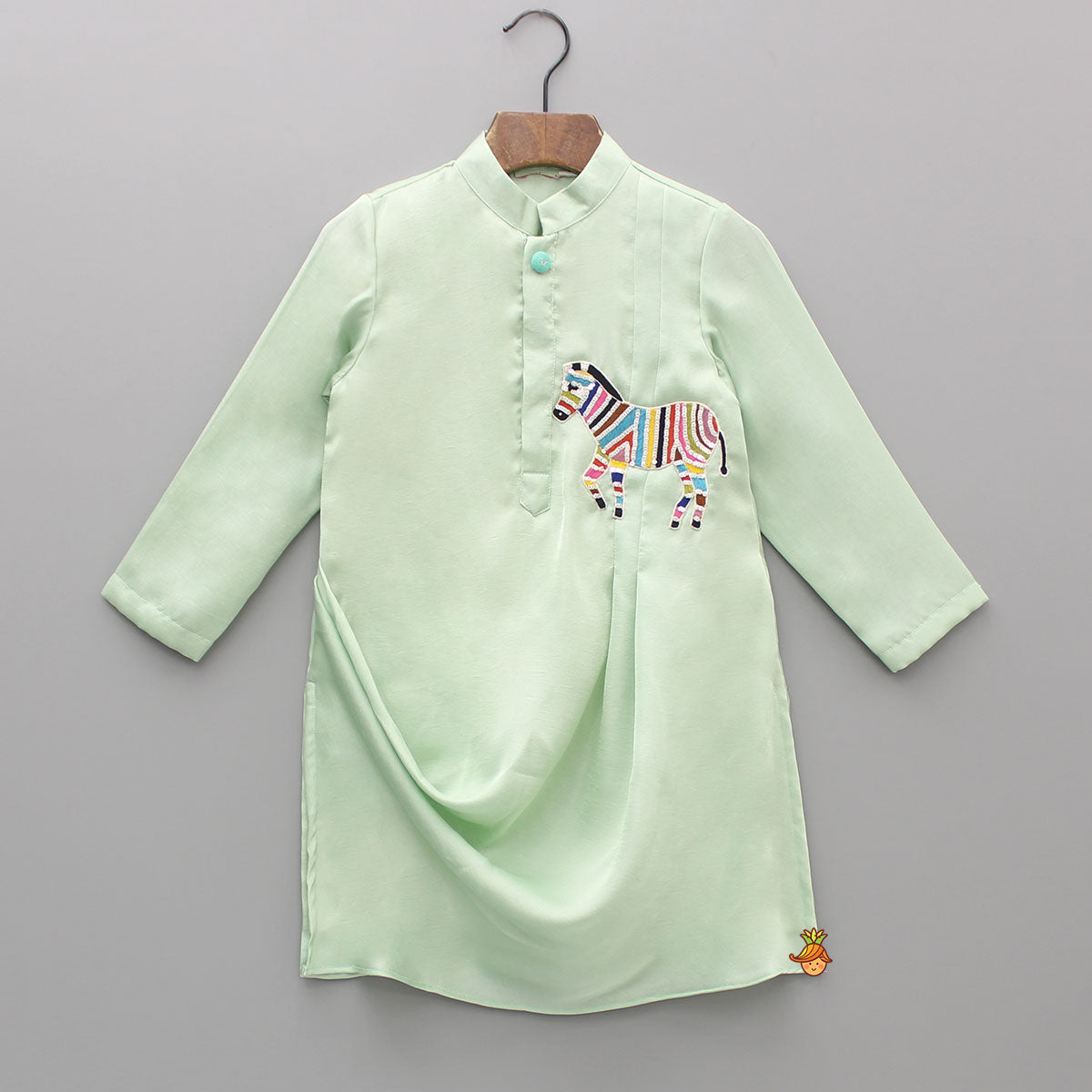 Pre Order: Green Elegant Draped Kurta With Animal Embroidered Applique And Salwar